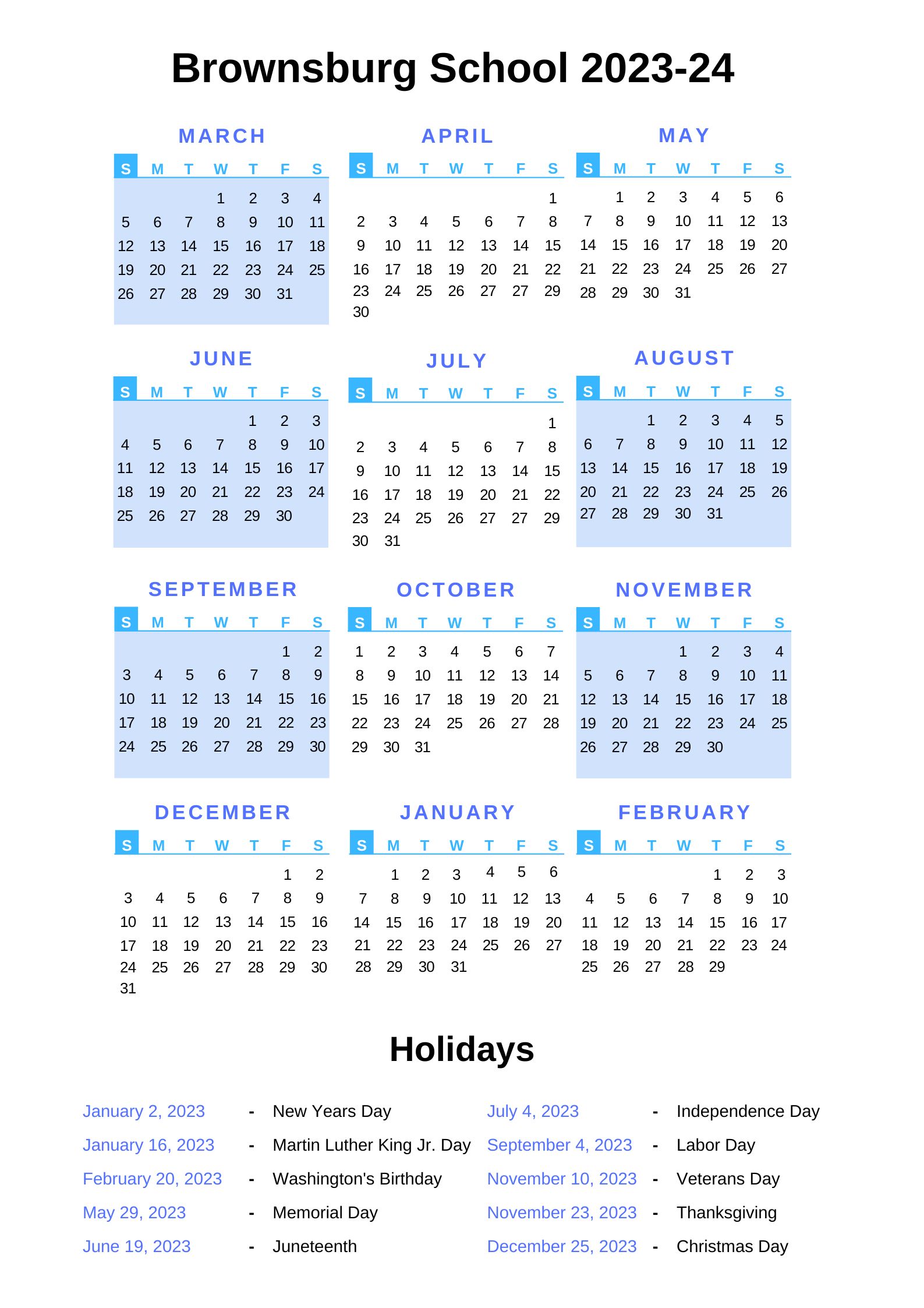 Brownsburg Schools Calendar 2023 24 with holidays