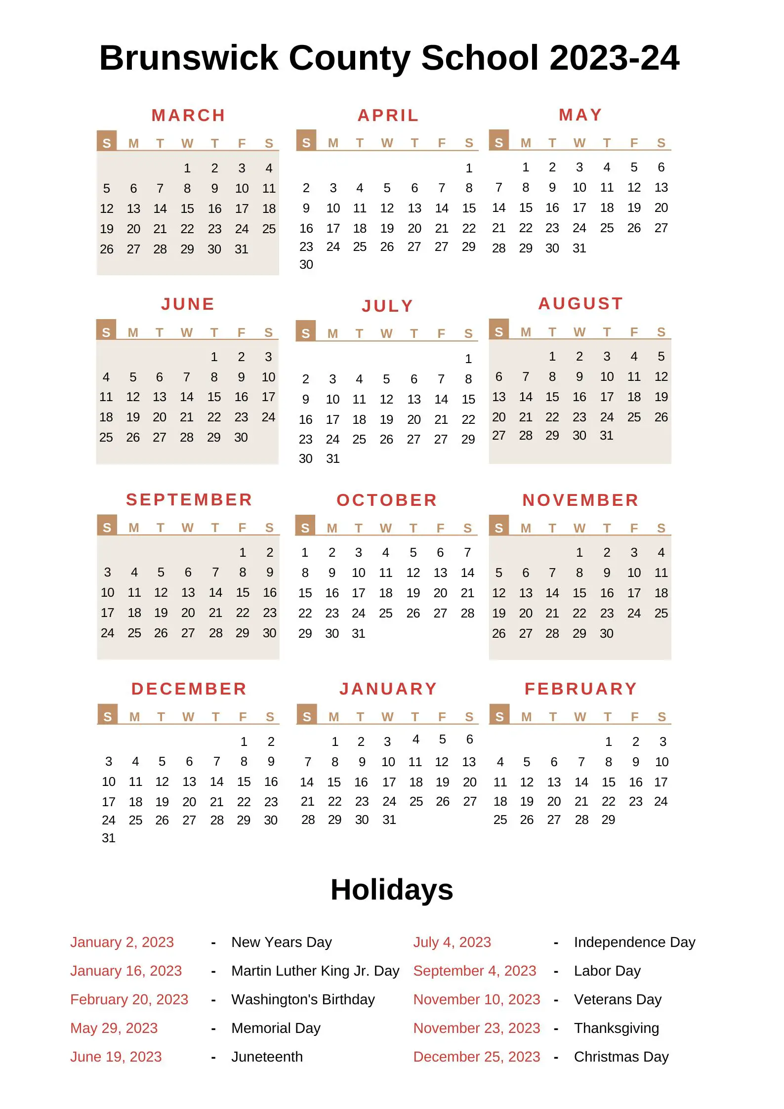 Brunswick County Schools Calendar 2023-24 With Holidays
