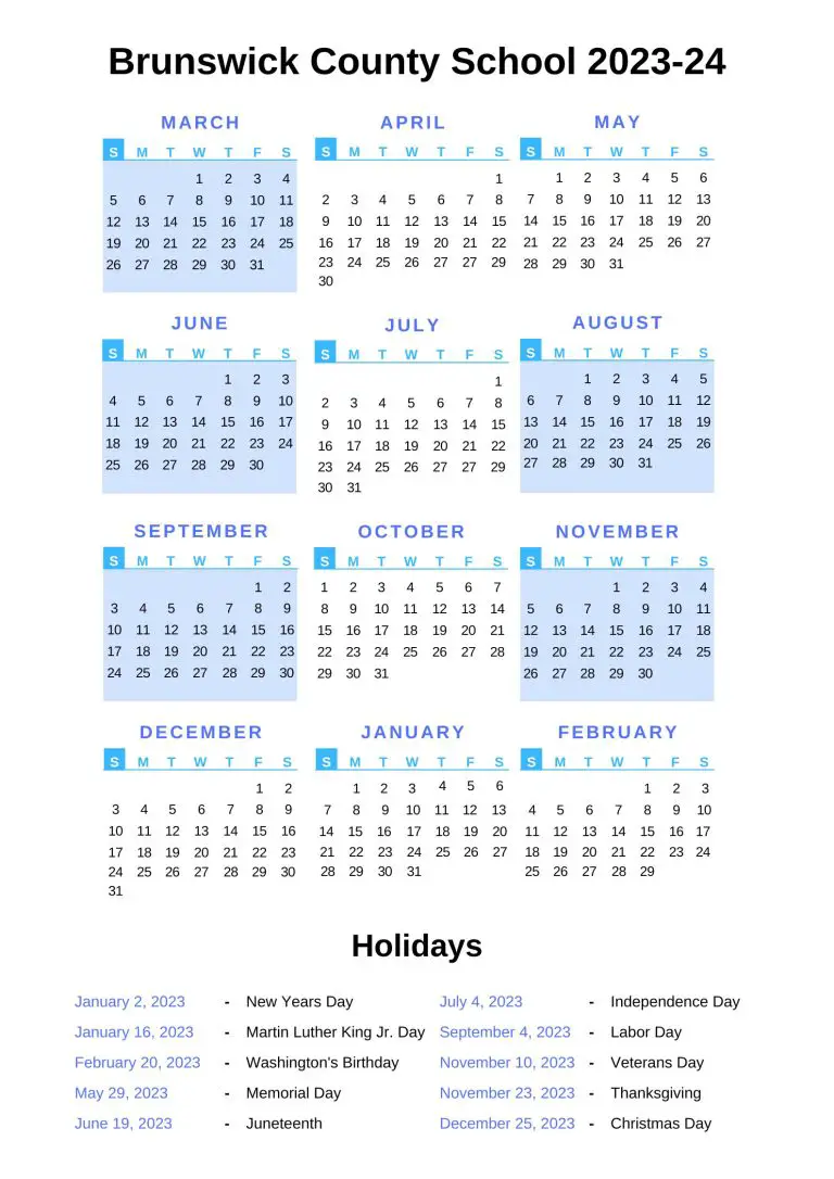 Brunswick County Schools Calendar 202324 With Holidays