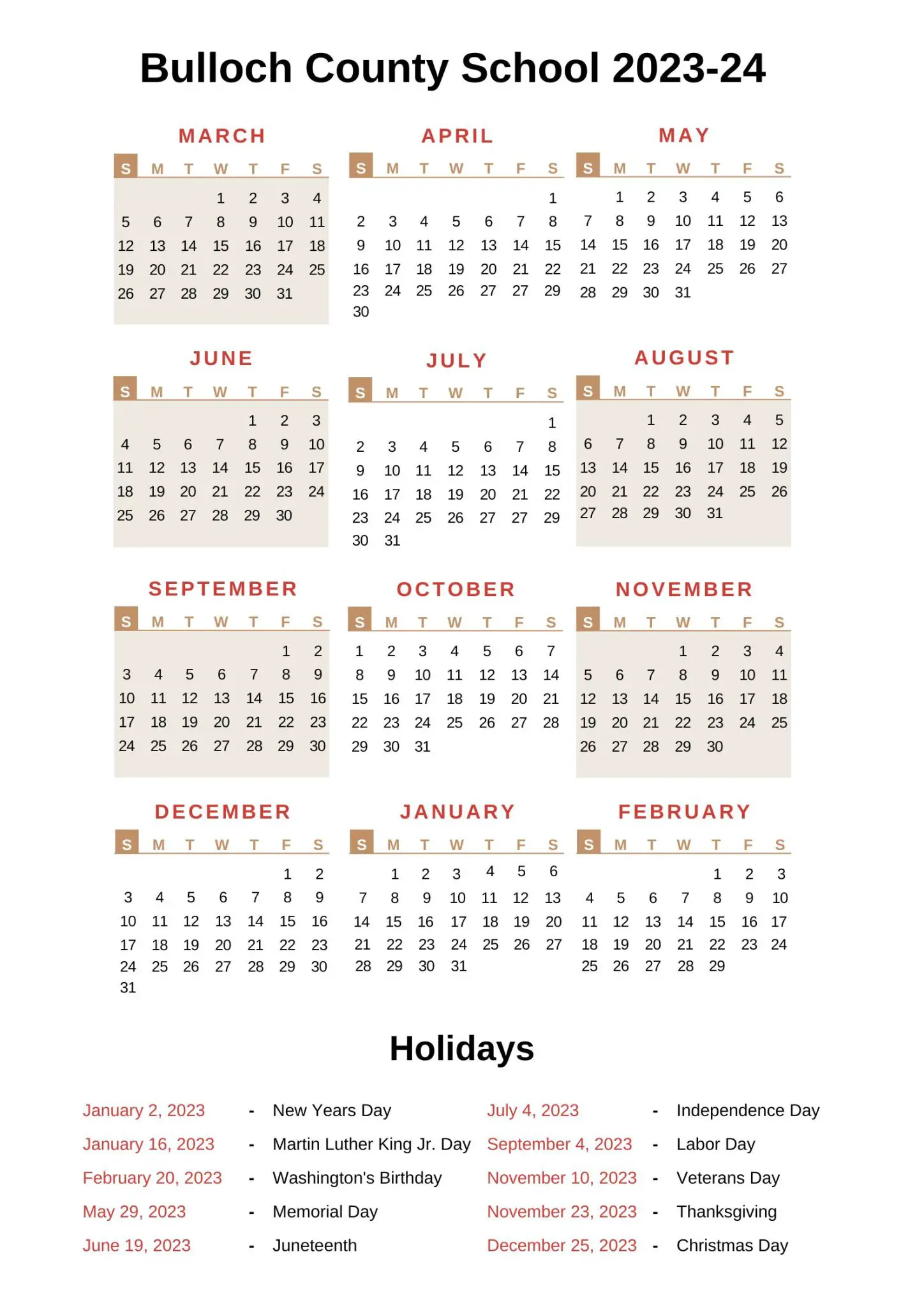Bulloch County Schools Calendar [BCS] 202324 With Holidays