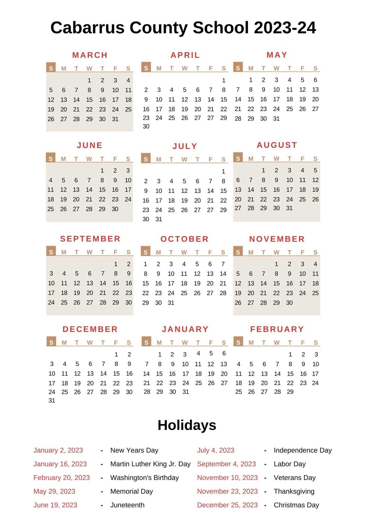 Cabarrus County Schools Calendar 202324 with Holidays