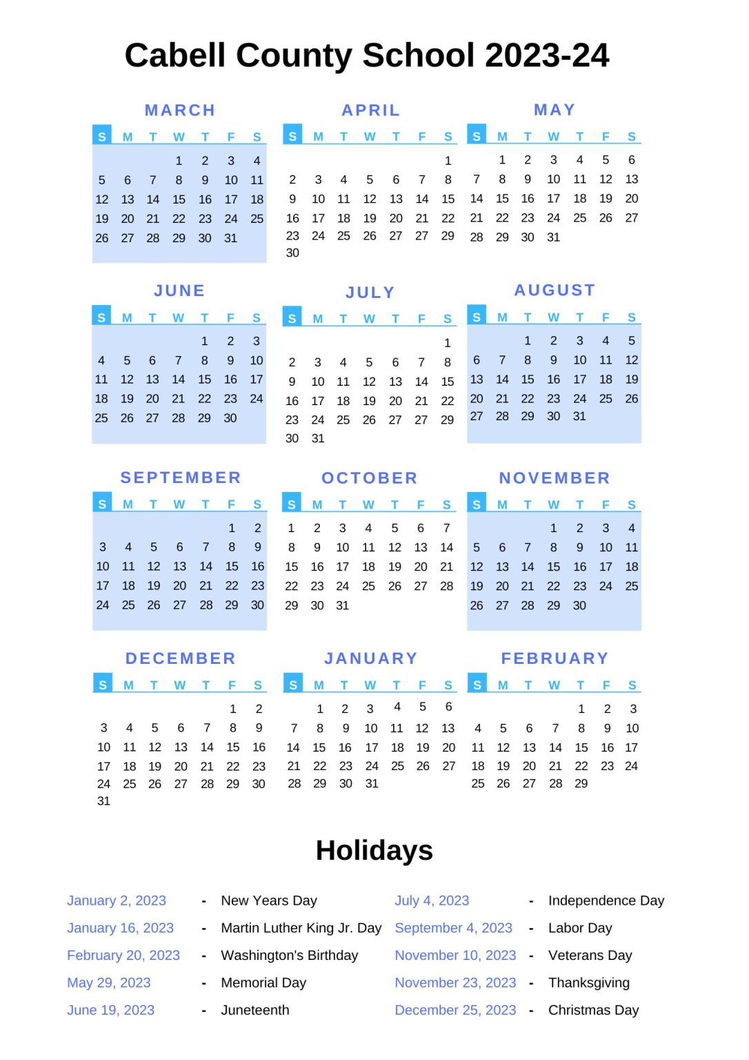 Cabell County Schools Calendar [CCS] 202324 with Holidays