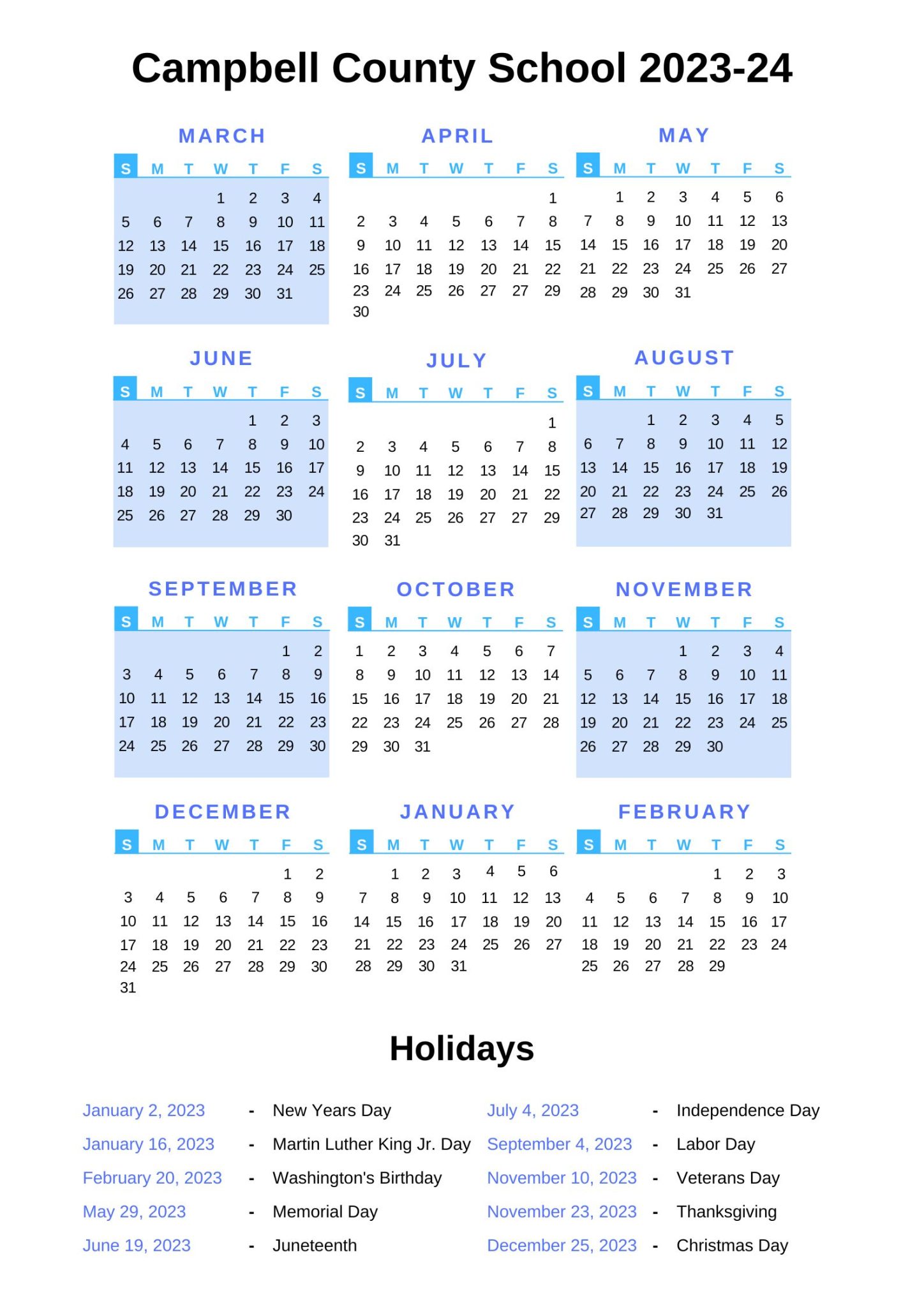 Campbell County Schools Calendar 202324 with Holidays