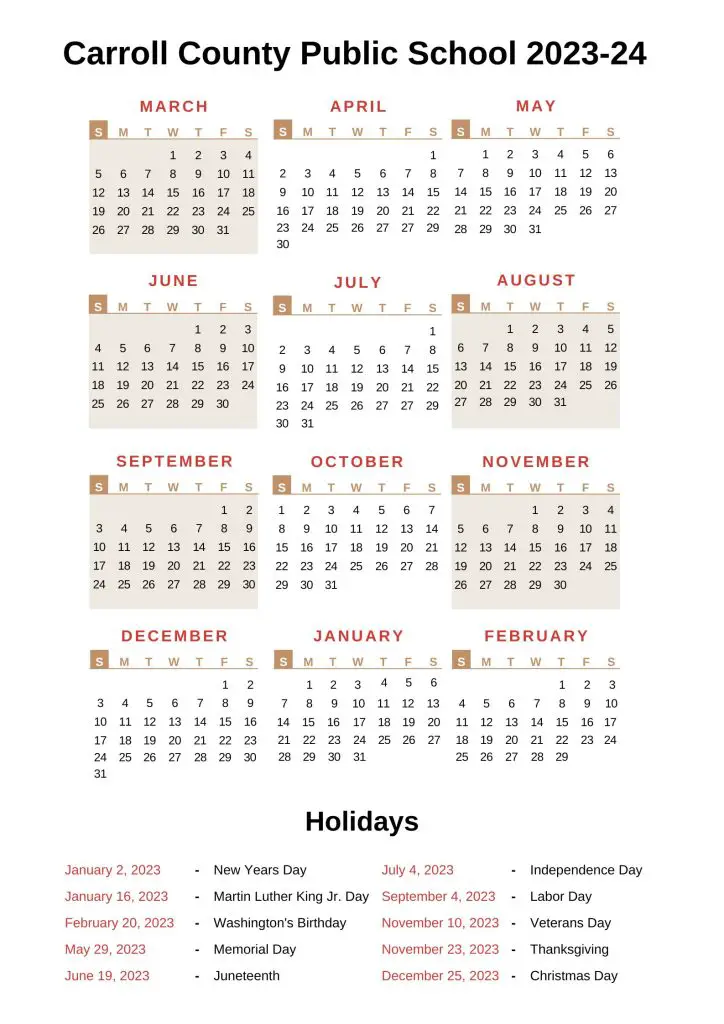 Carroll County Public Schools Calendar 2023-24 With Holidays