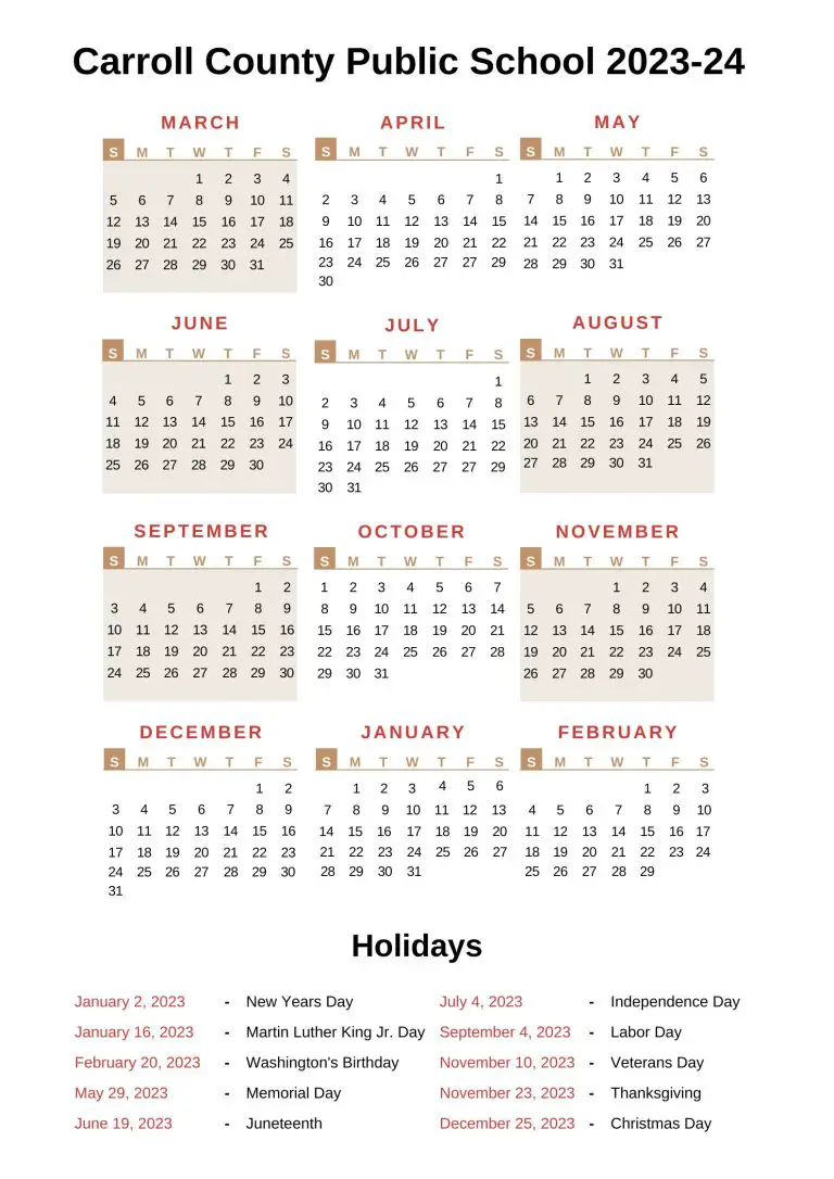 Carroll County Public Schools Calendar 202324 With Holidays