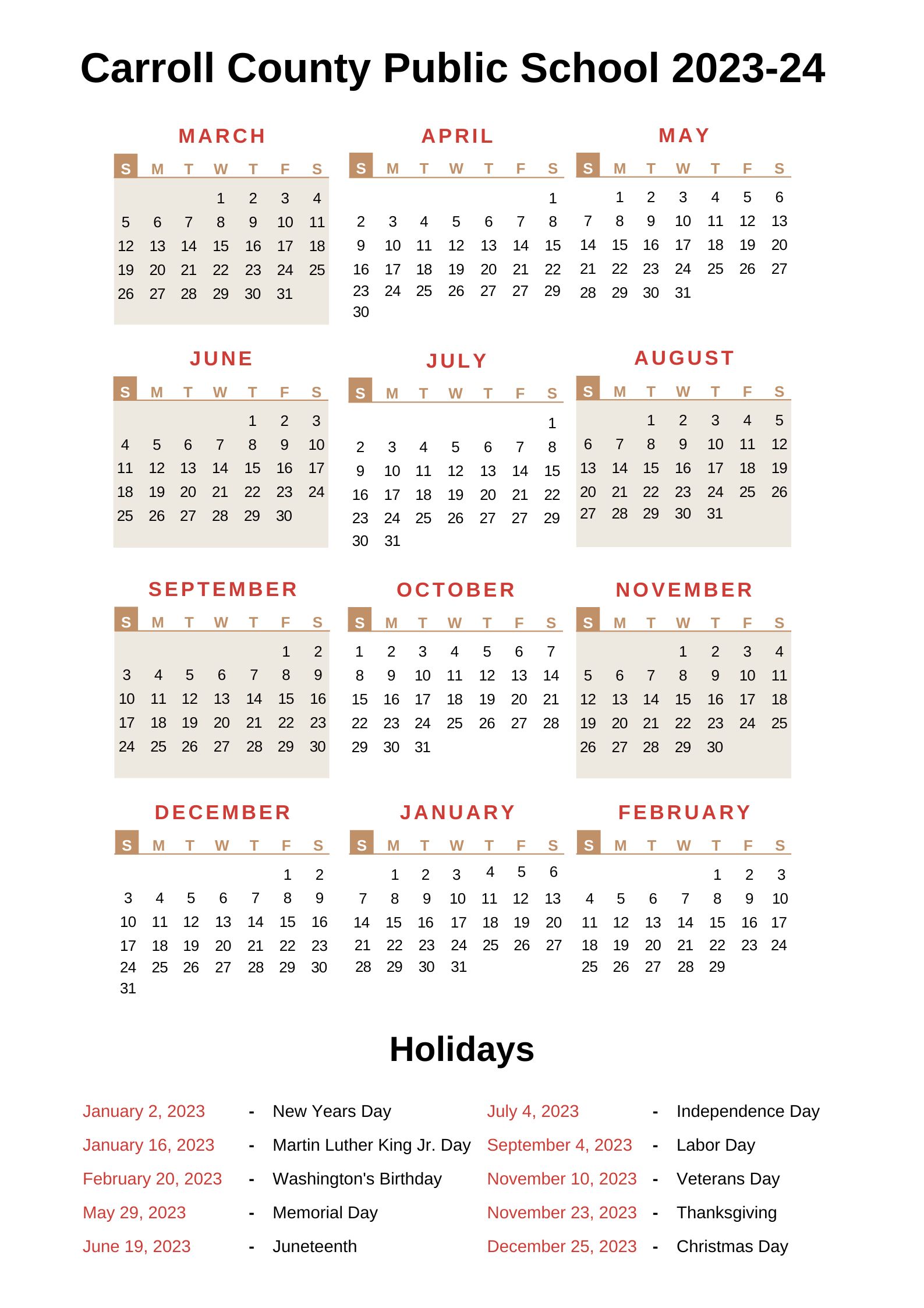 Carroll County Public Schools Calendar 202324 With Holidays