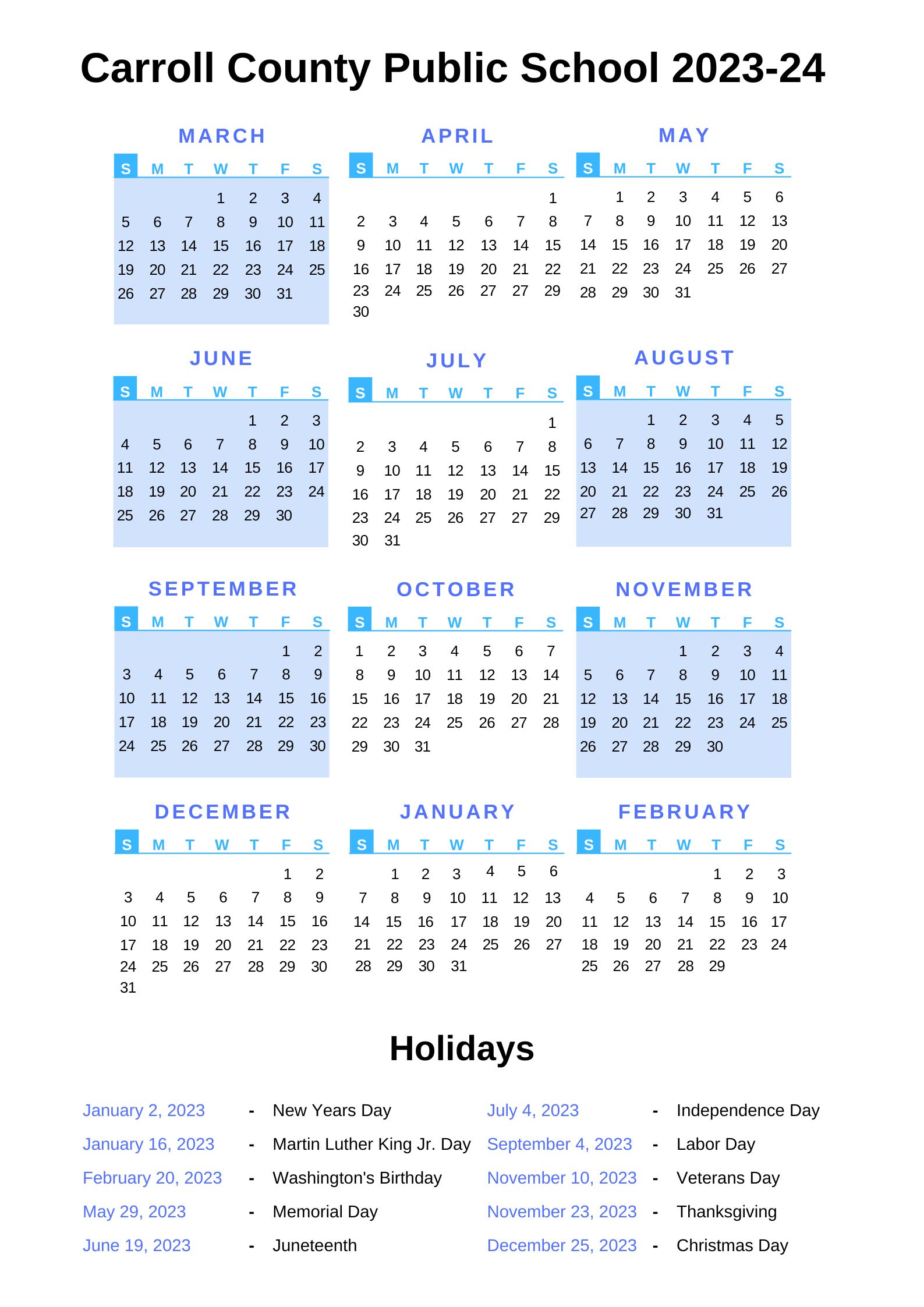 Carroll County Public Schools Calendar 202324 With Holidays