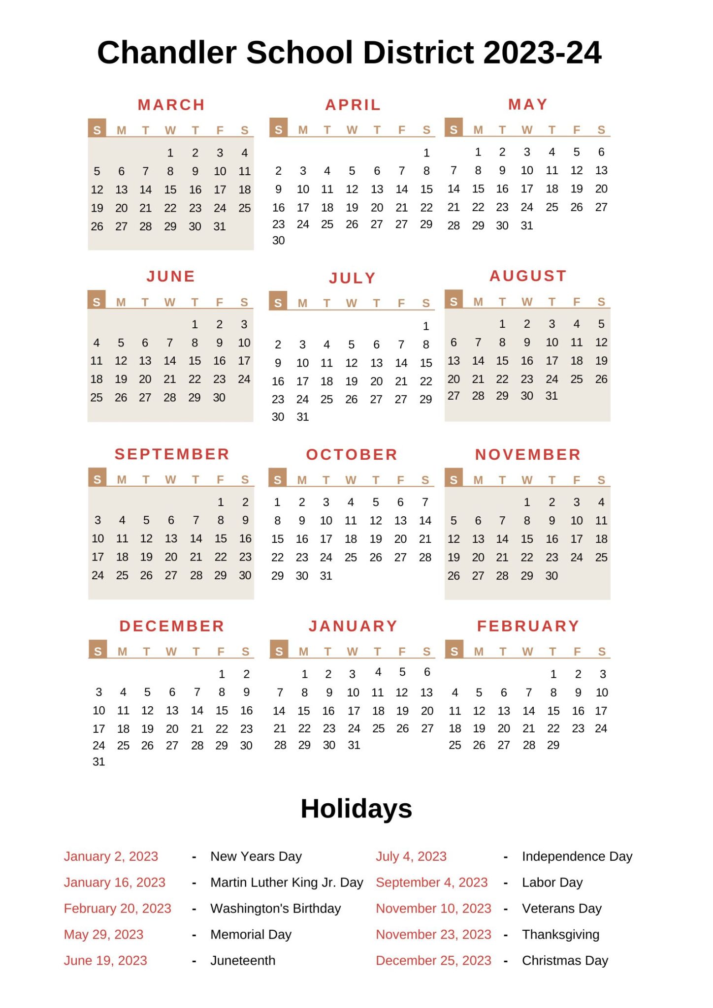 Chandler School District Calendar 2025-2026