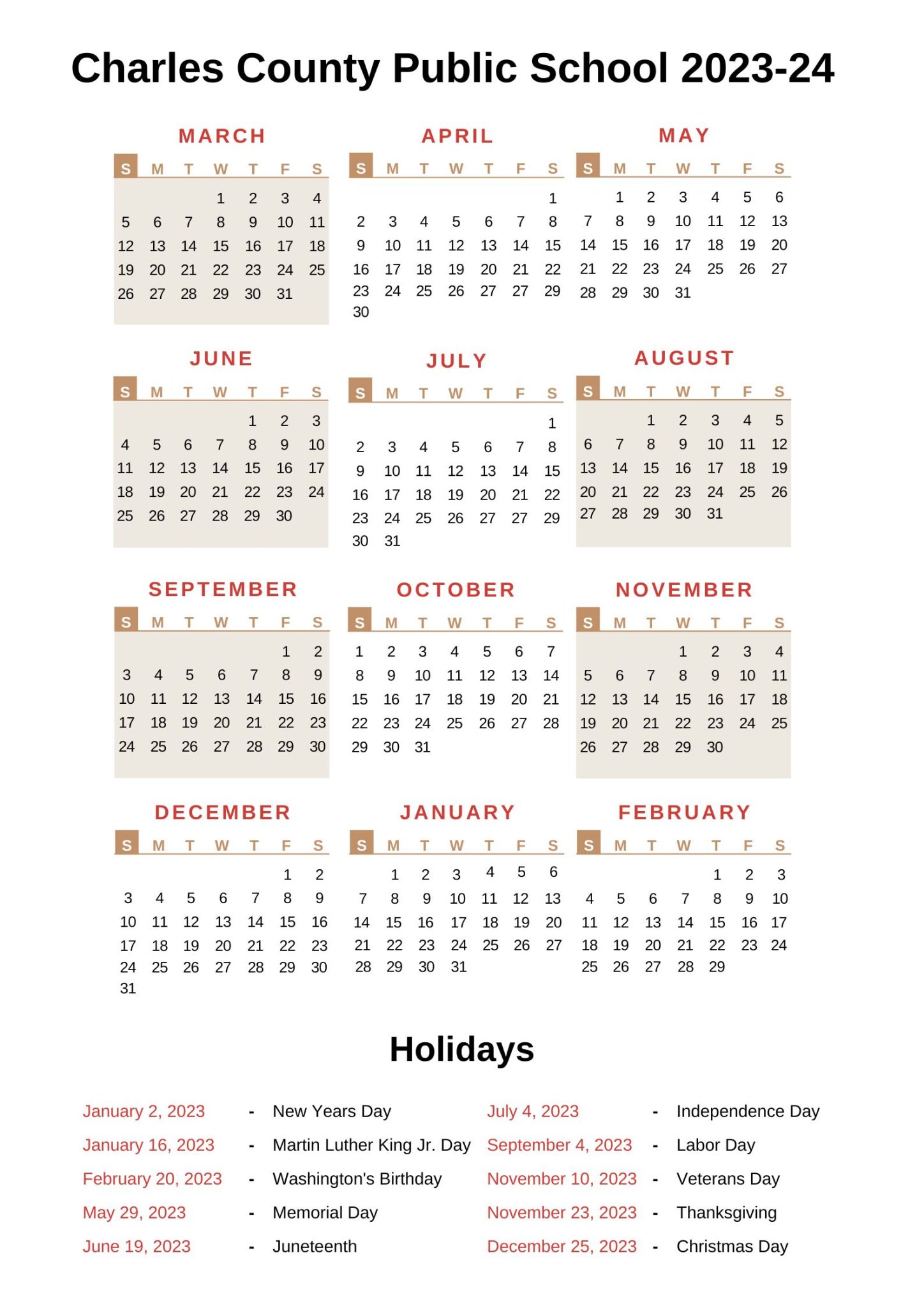 Charles County Public Schools Calendar 202324 with Holidays