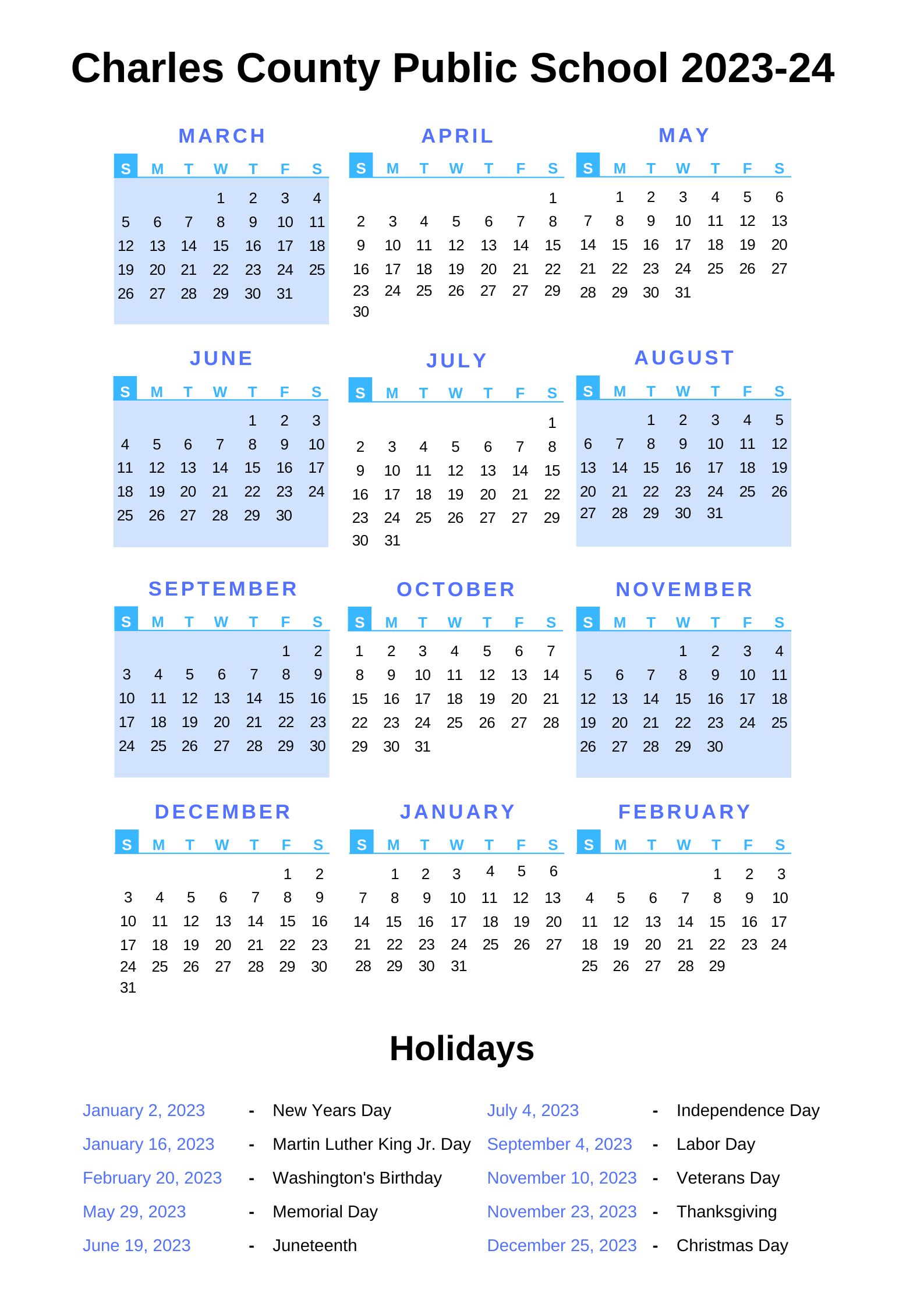 Charles County Public Schools Calendar 2023 24 with Holidays Charles County Public Schools Calendar 2023 24 with Holidays