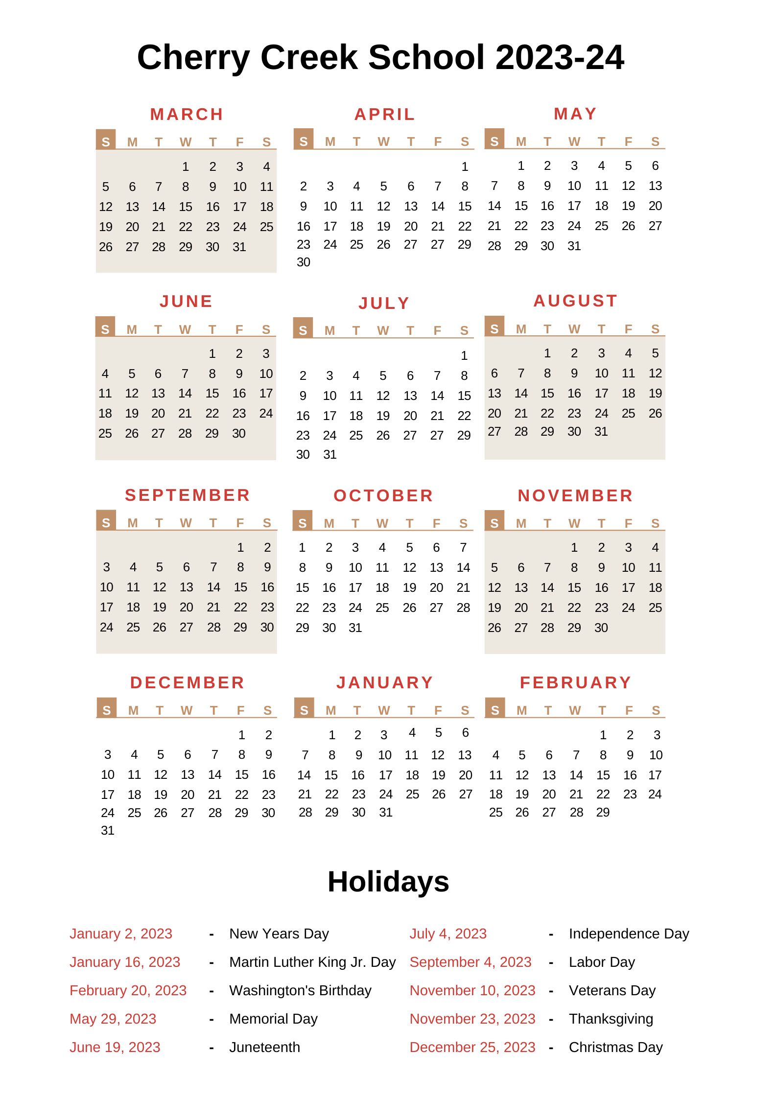 Cherry Creek Schools Calendar [CCS] 2023-24 with Holidays