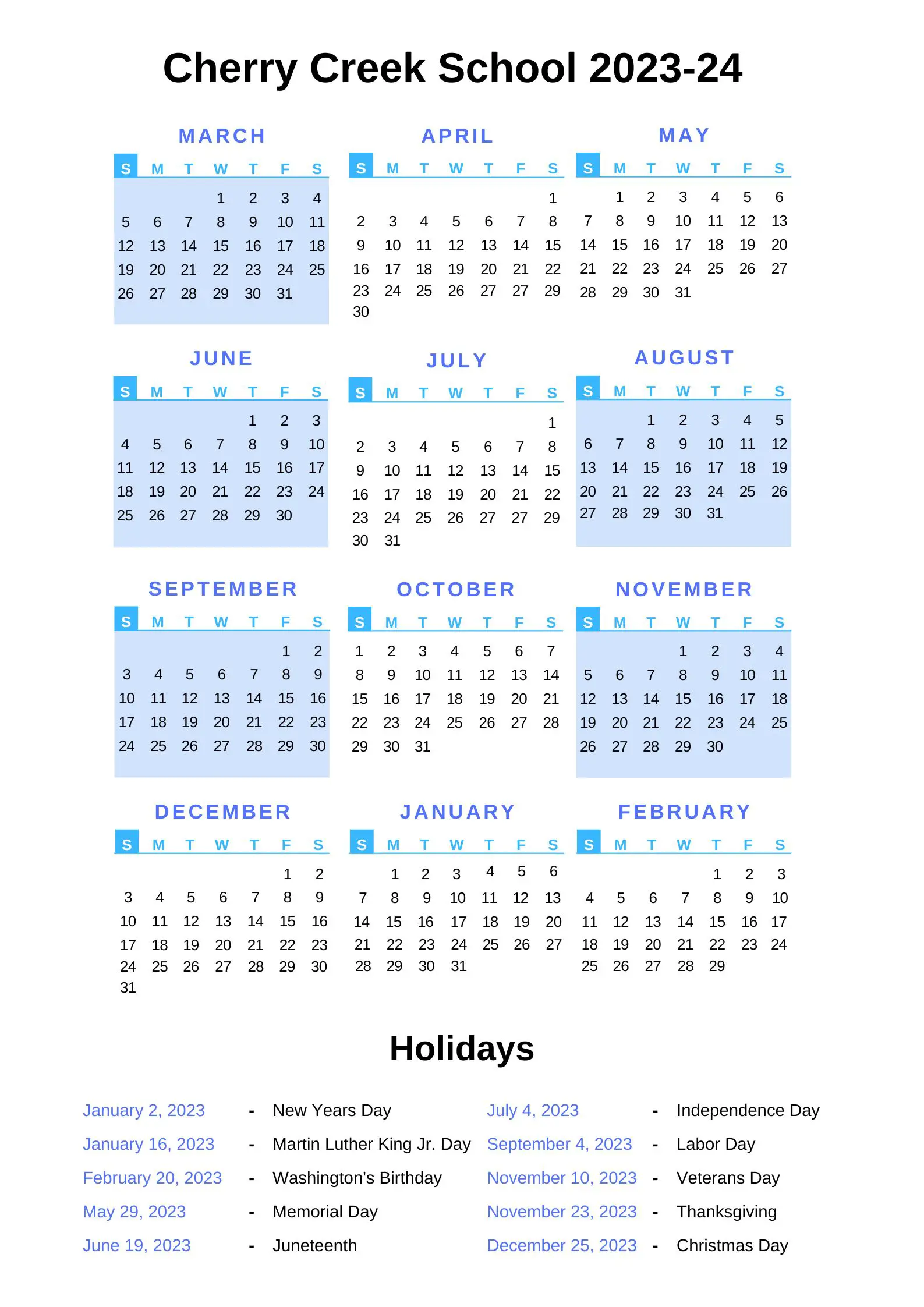 Cherry Creek Schools Calendar [CCS] 202324 with Holidays