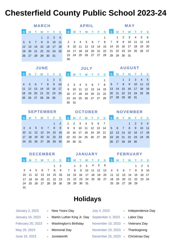 Chesterfield County Schools Holiday Calendar [CCPS] 2023-24