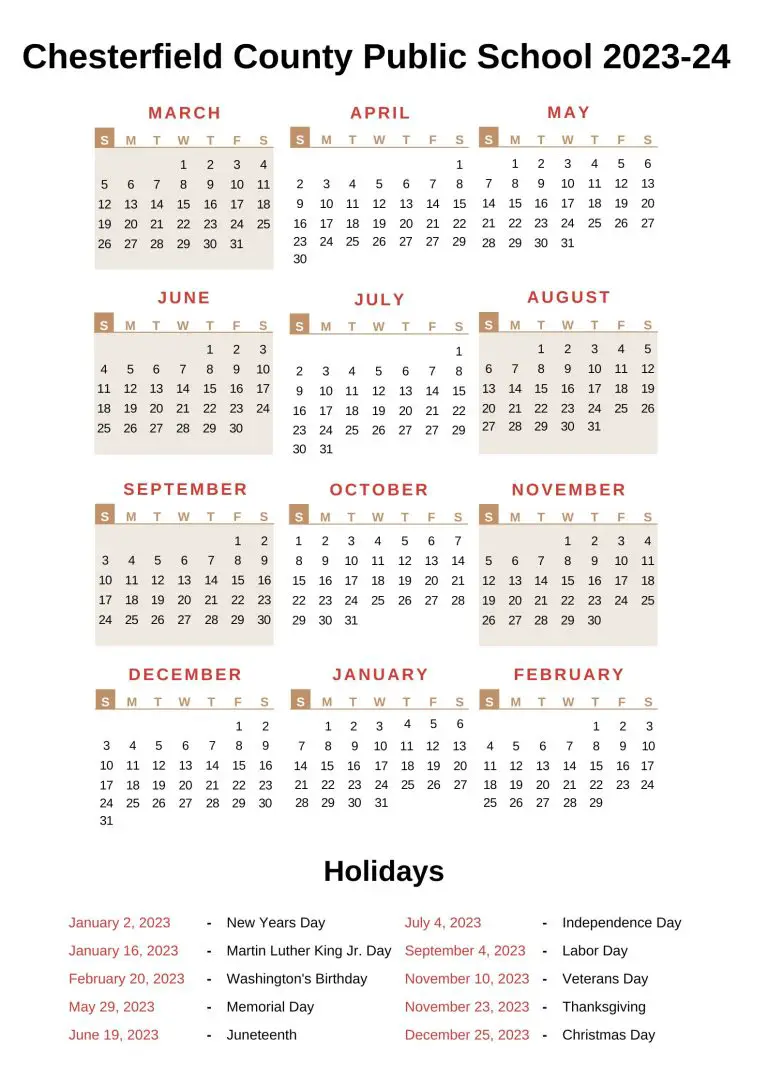 Chesterfield County Public Schools Calendar 2023-24 & Holidays