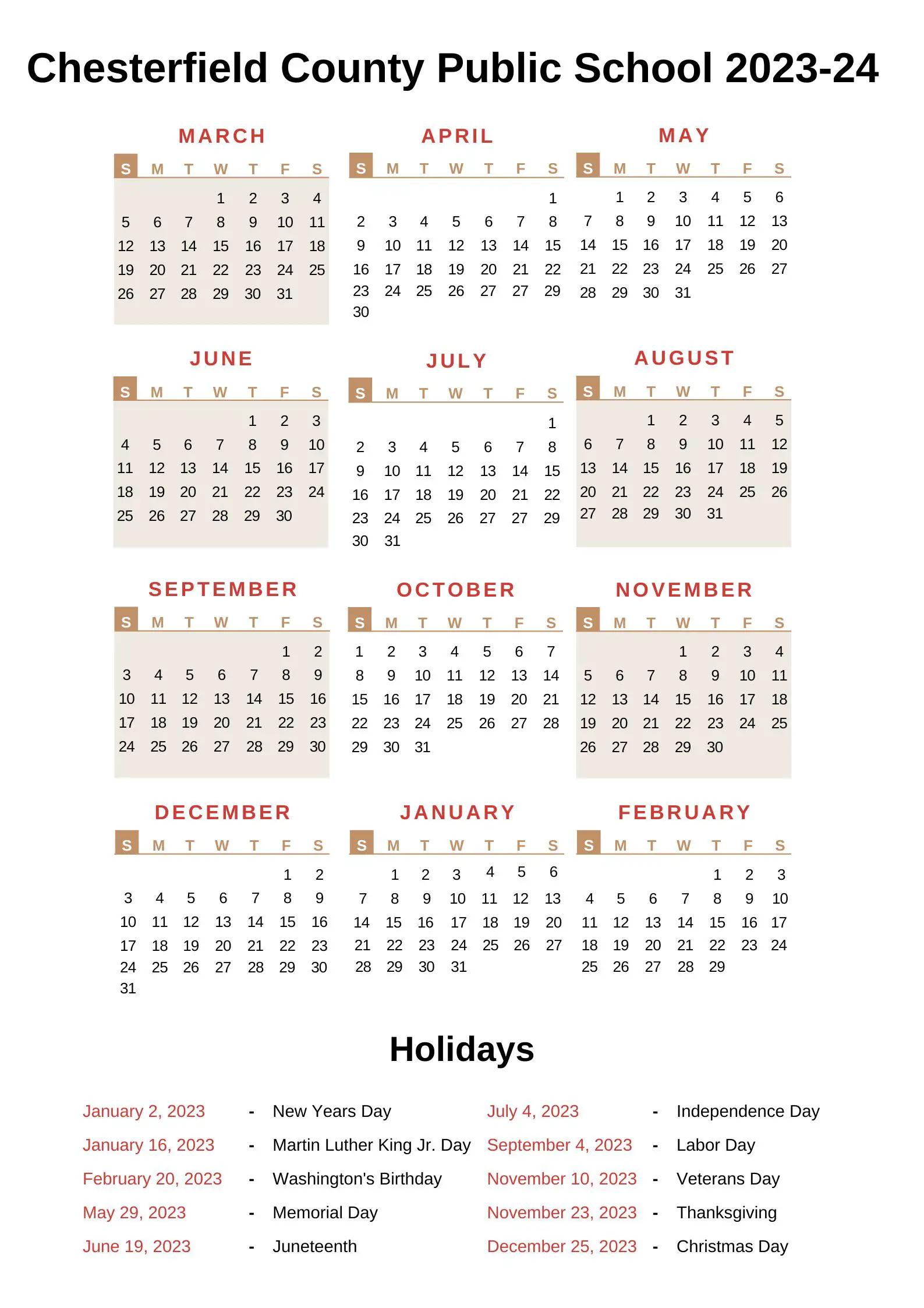 Chesterfield County Public Schools Calendar 202324 & Holidays