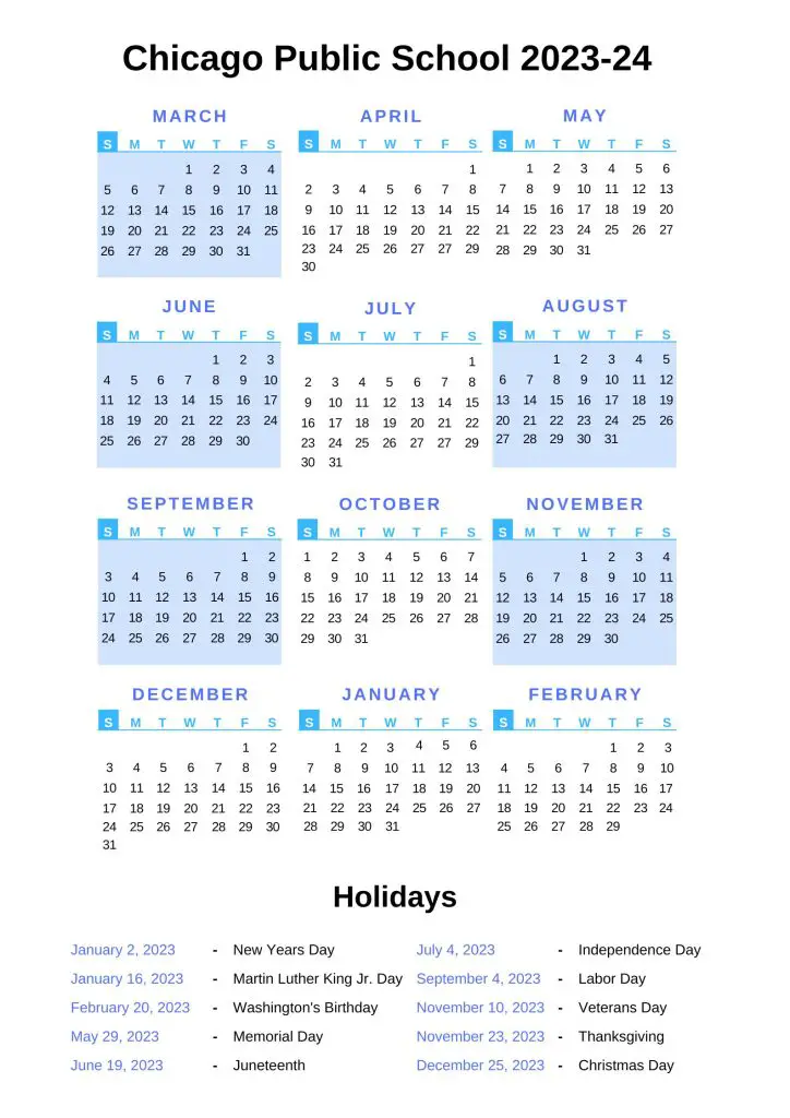Chicago Public School Calendar with Holidays 2023-24