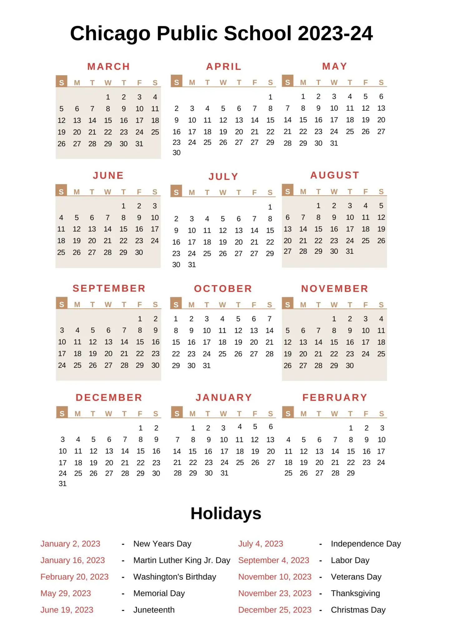 Chicago Public Schools Calendar 202324 with Holidays