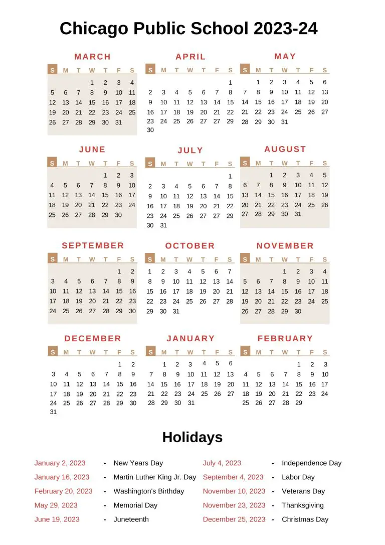 Chicago Public Schools Calendar 202324 with Holidays