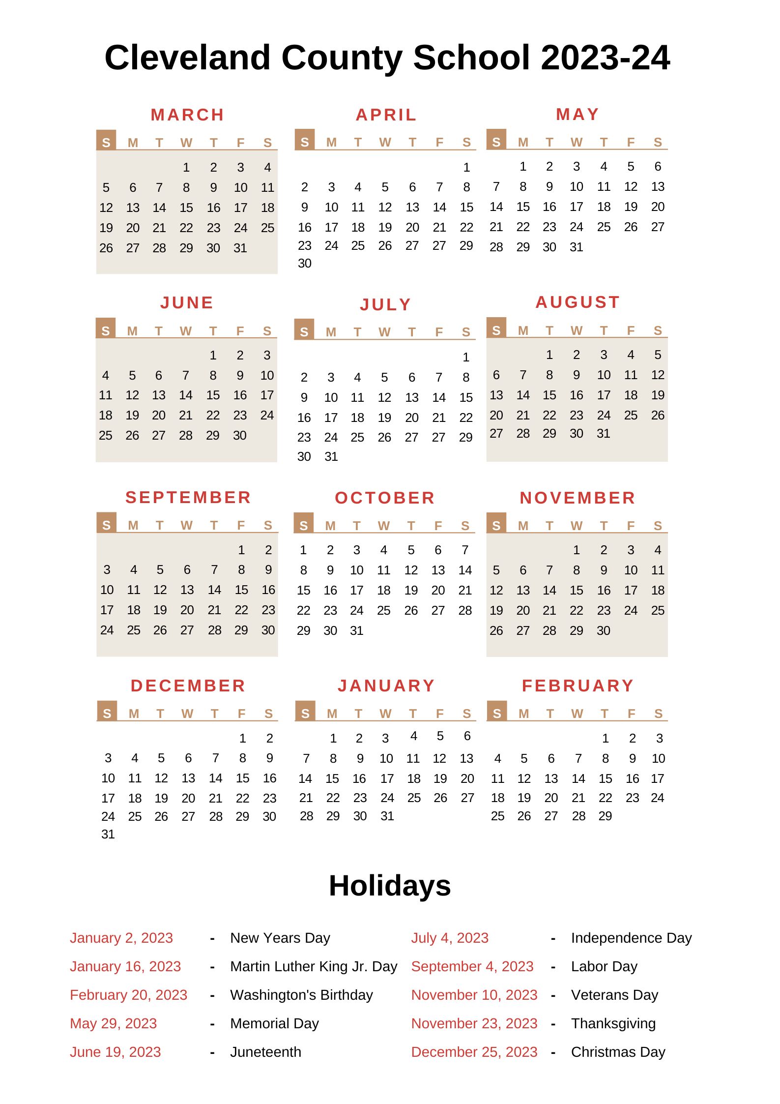 Cleveland County Schools Calendar 202324 With Holidays