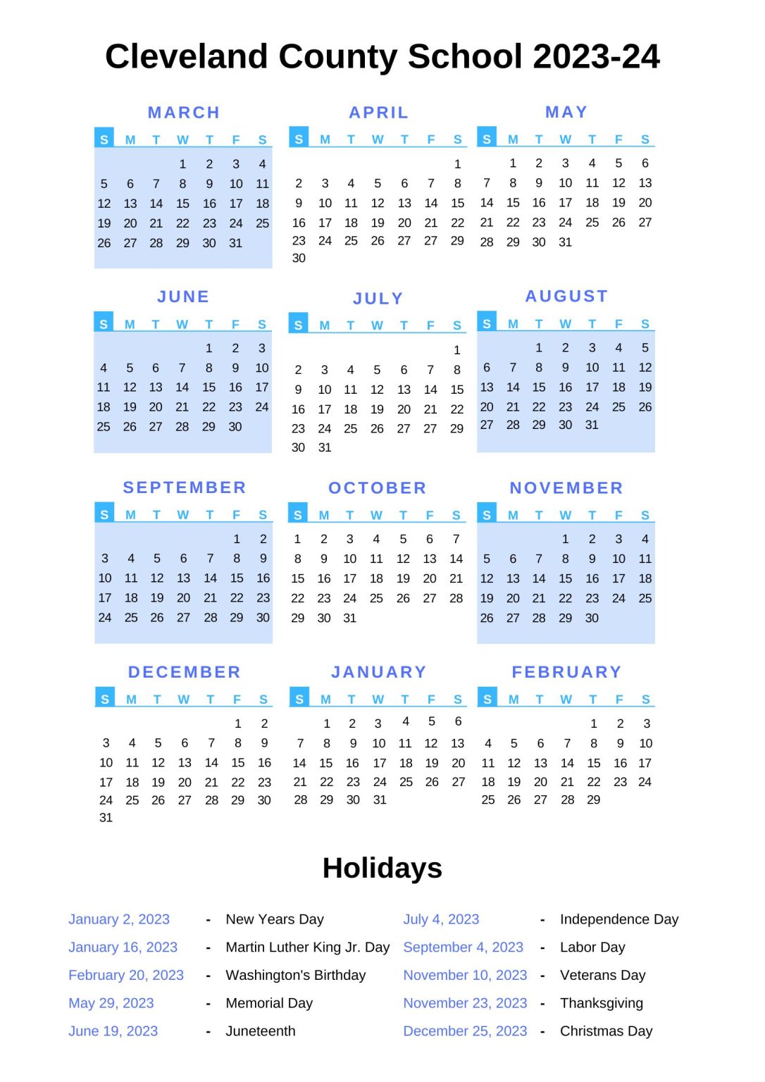 Cleveland County Schools Calendar 2023 24 With Holidays