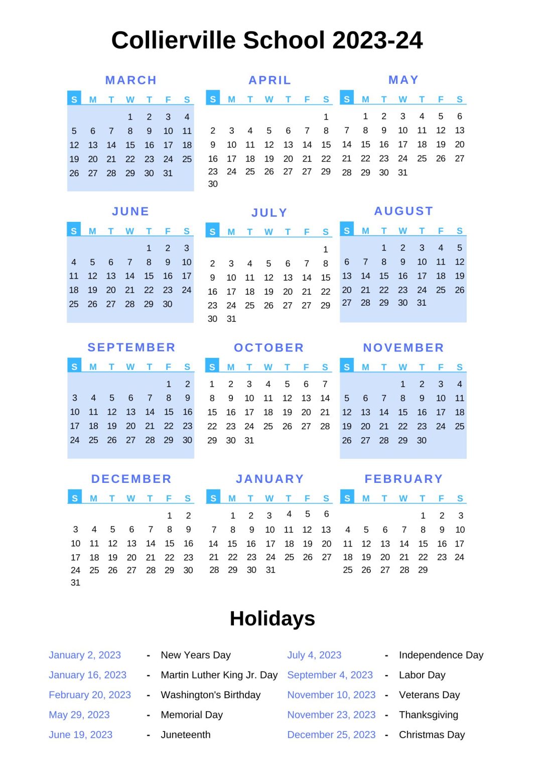 Collierville Schools Calendar 202324 With Holidays