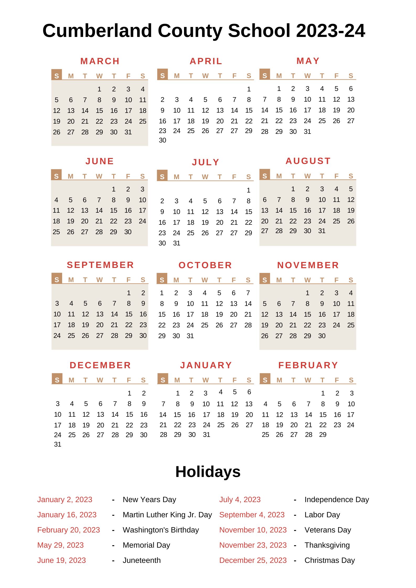 Cumberland County Schools Calendar 202324 With Holidays