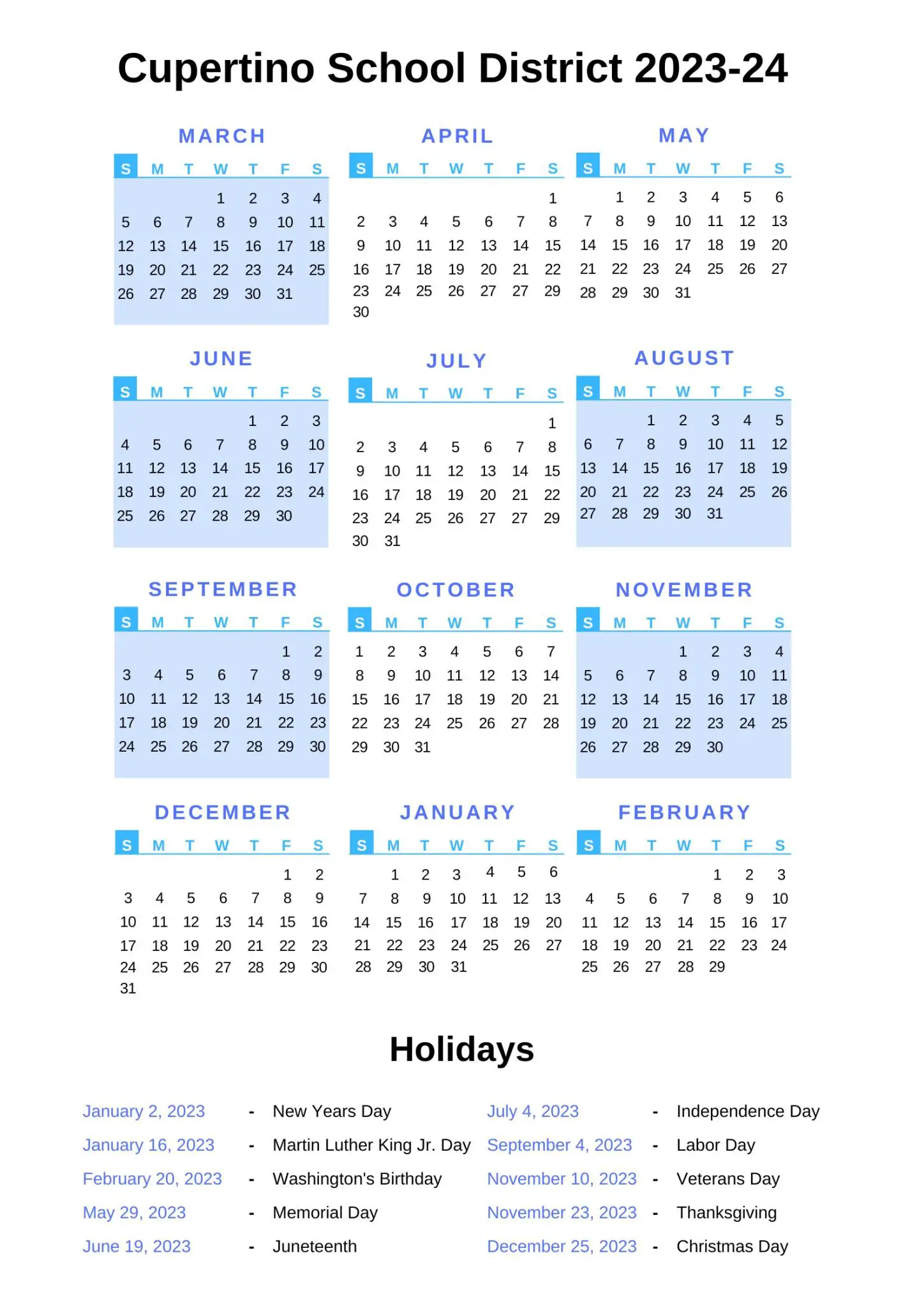 Cupertino School District Calendar 202324 With Holidays