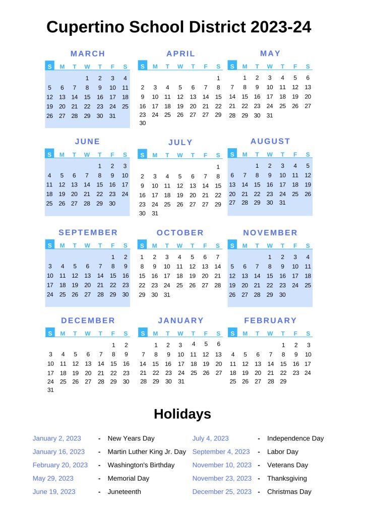 Cupertino School District Calendar