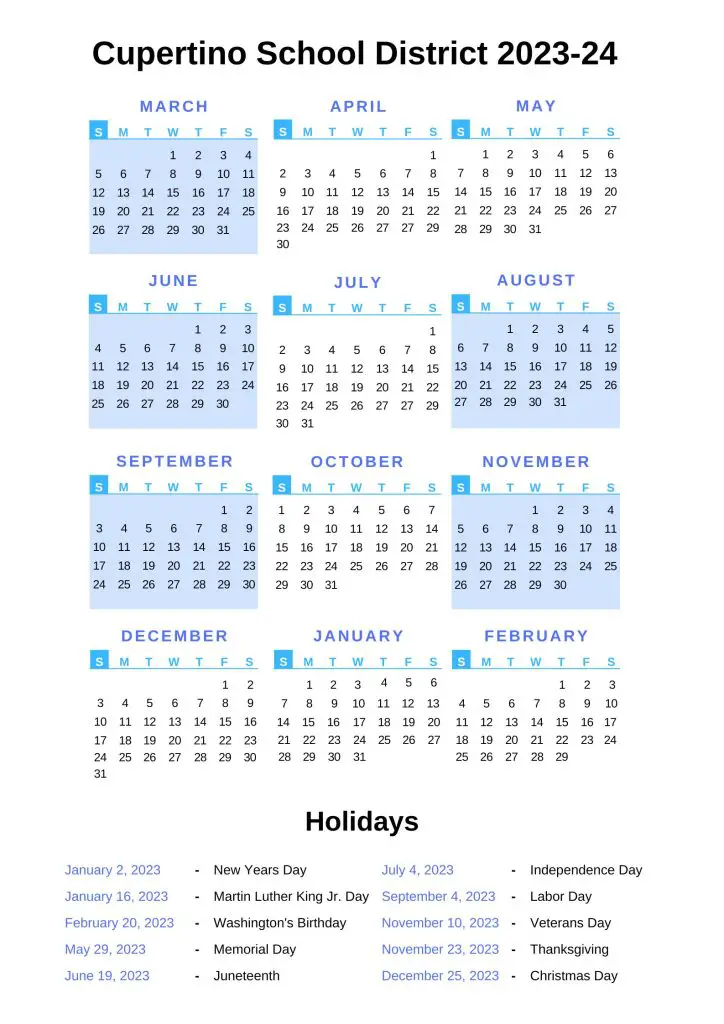 Cupertino School District Calendar