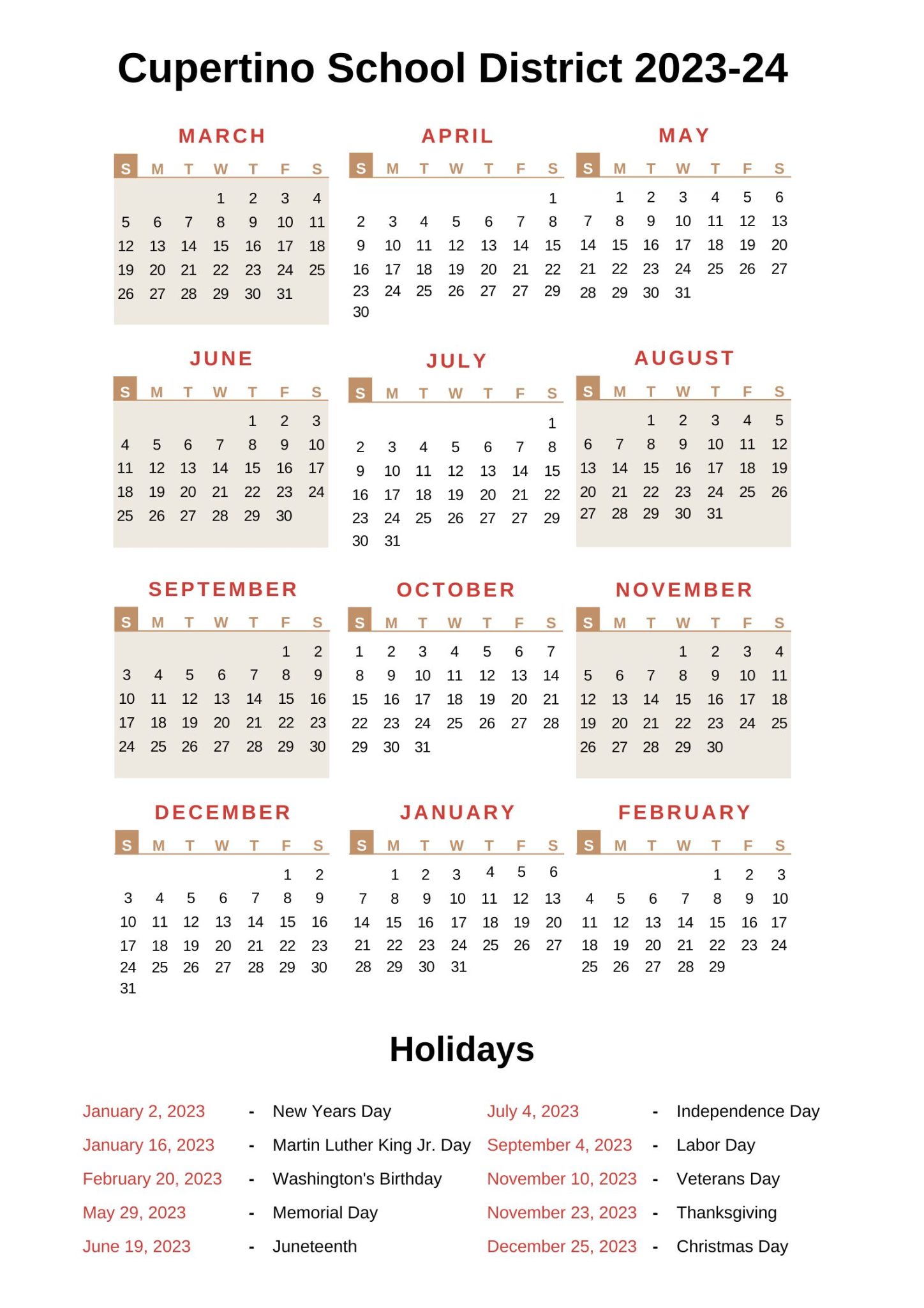 Cupertino School District Calendar 2023 24 With Holidays