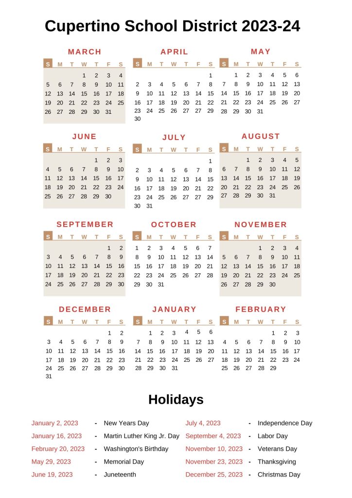 Cupertino School District Calendar 2023 24 With Holidays
