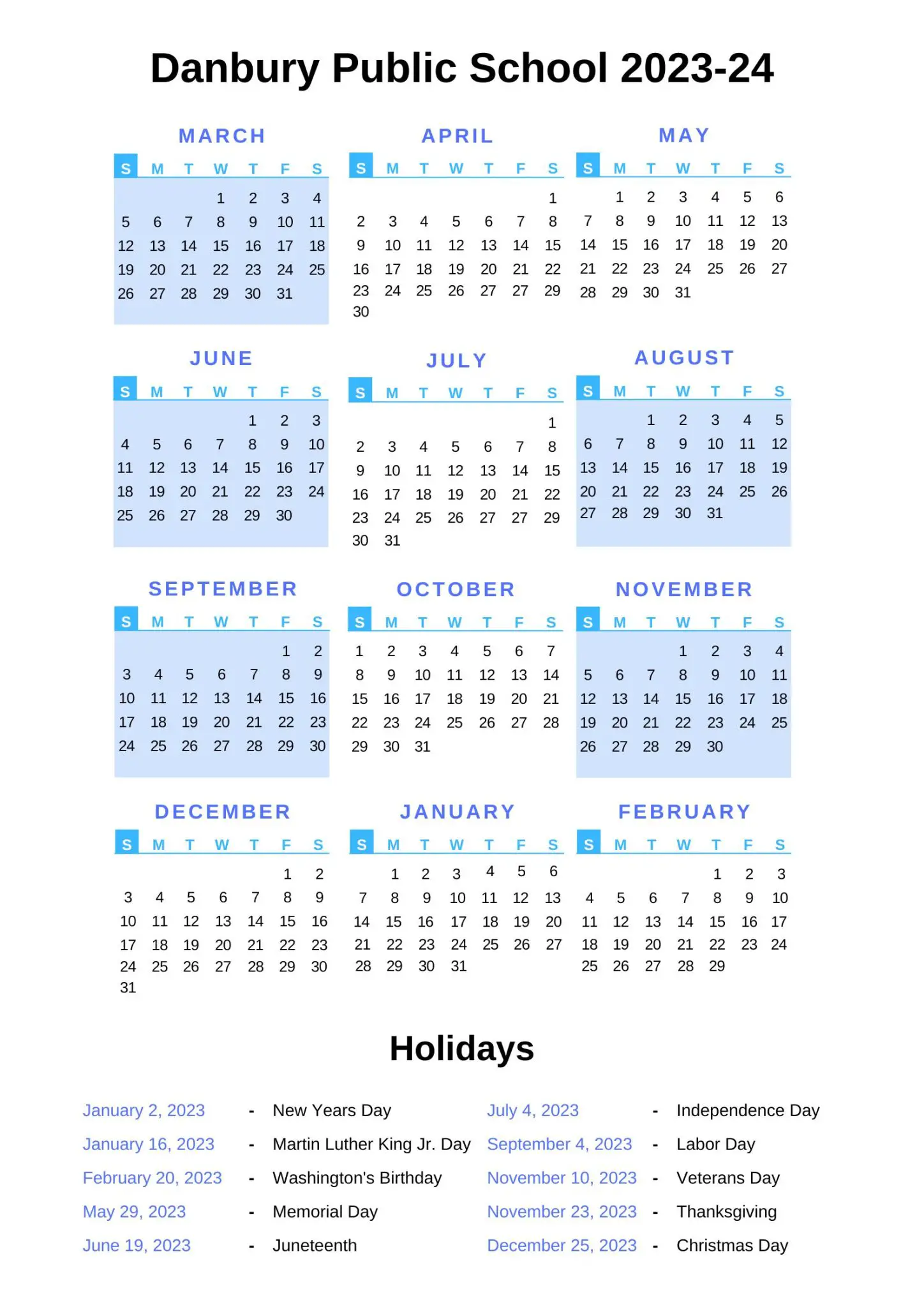 Danbury Public Schools Calendar [DPS] 202324 with Holidays