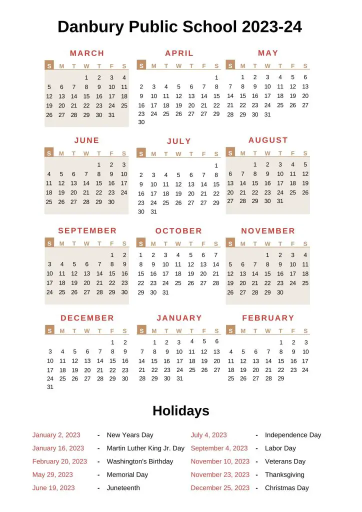 Danbury Public School Holiday Calendar 2023-2024