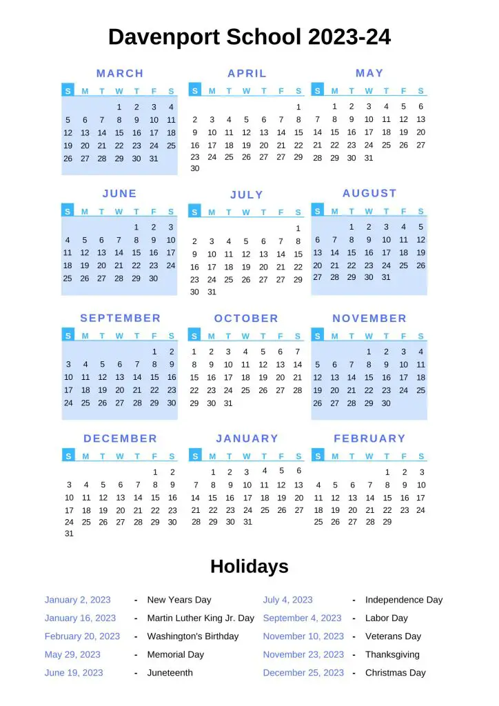 Davenport Schools Calendar 2023-24 With Holidays