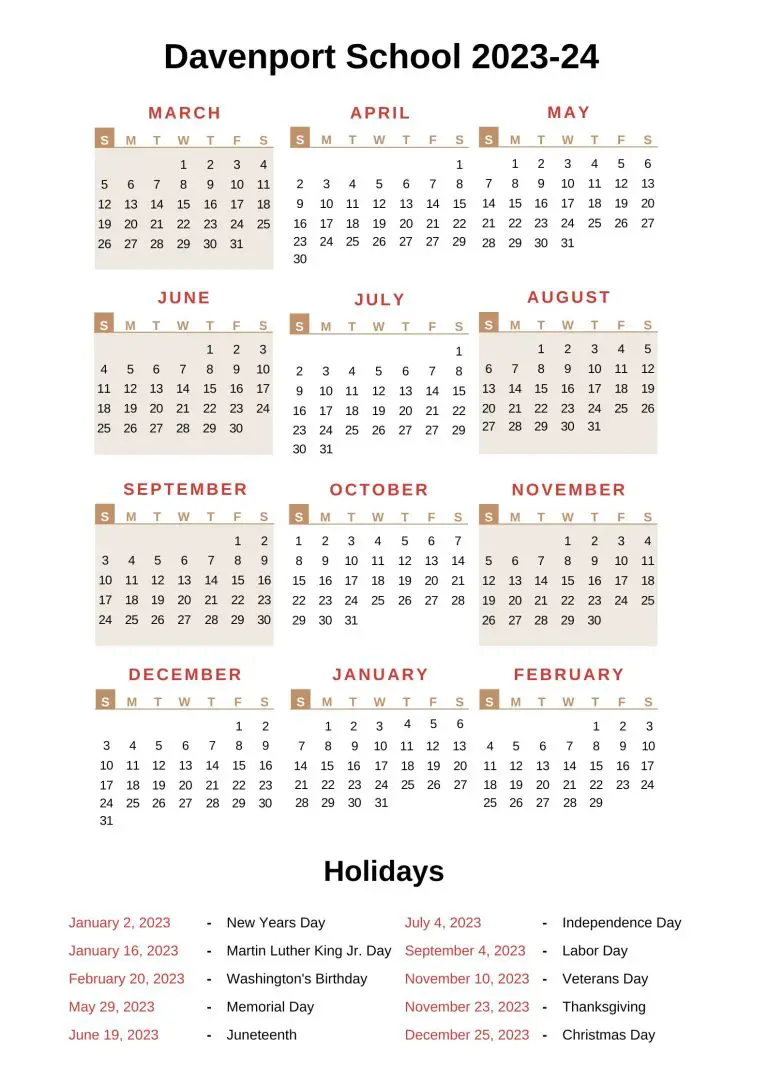 Davenport Schools Calendar 202324 With Holidays