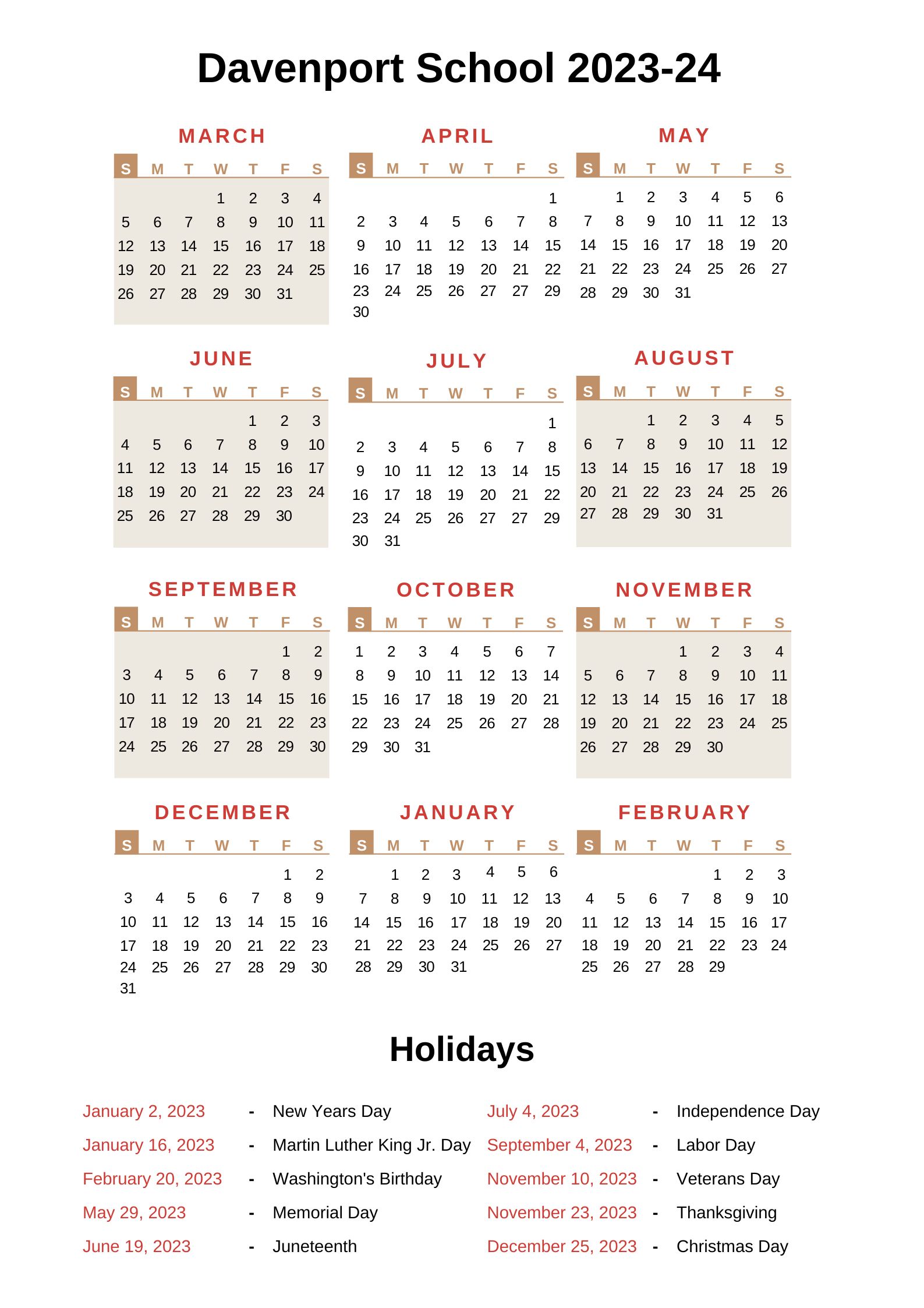 Davenport Schools Calendar 2023-24 With Holidays