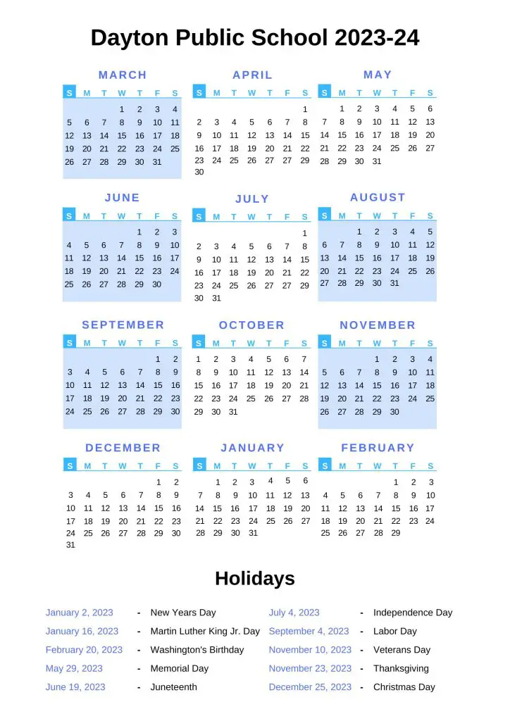 Dayton Public Schools Calendar 2023-24 with Holidays