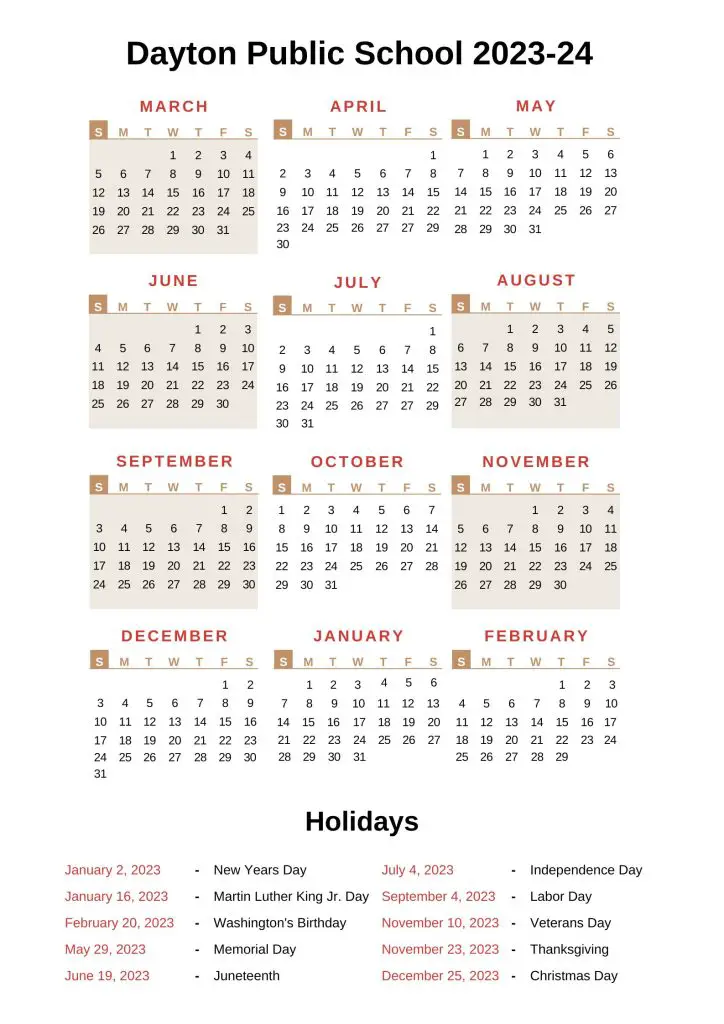 Dayton Public Schools Calendar 202324 with Holidays