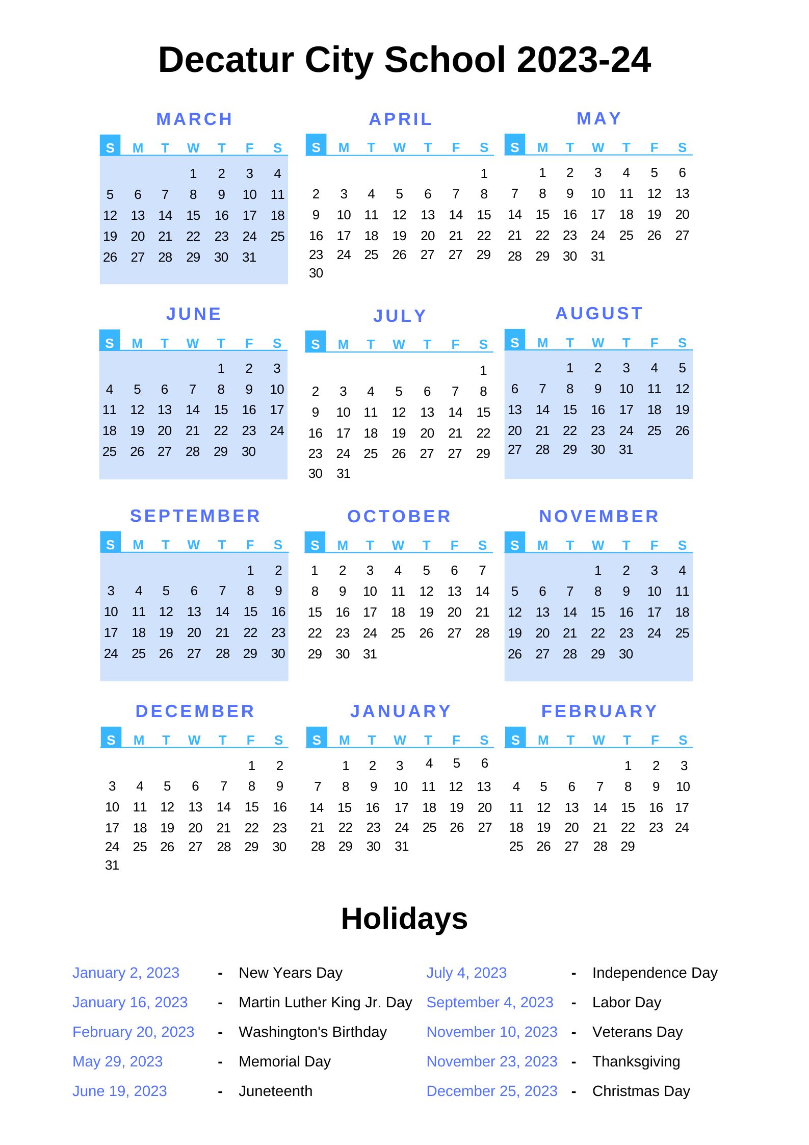 Decatur City Schools Calendar 202324 With Holidays