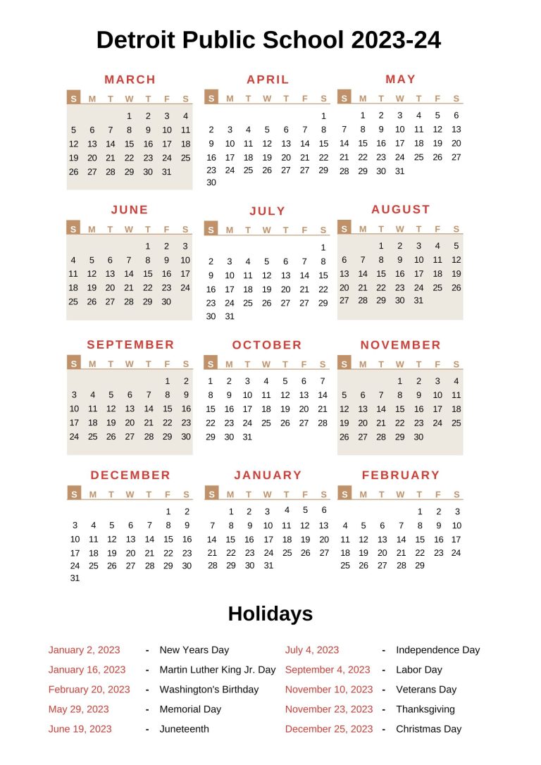 Detroit Public Schools Calendar 202324 with Holidays