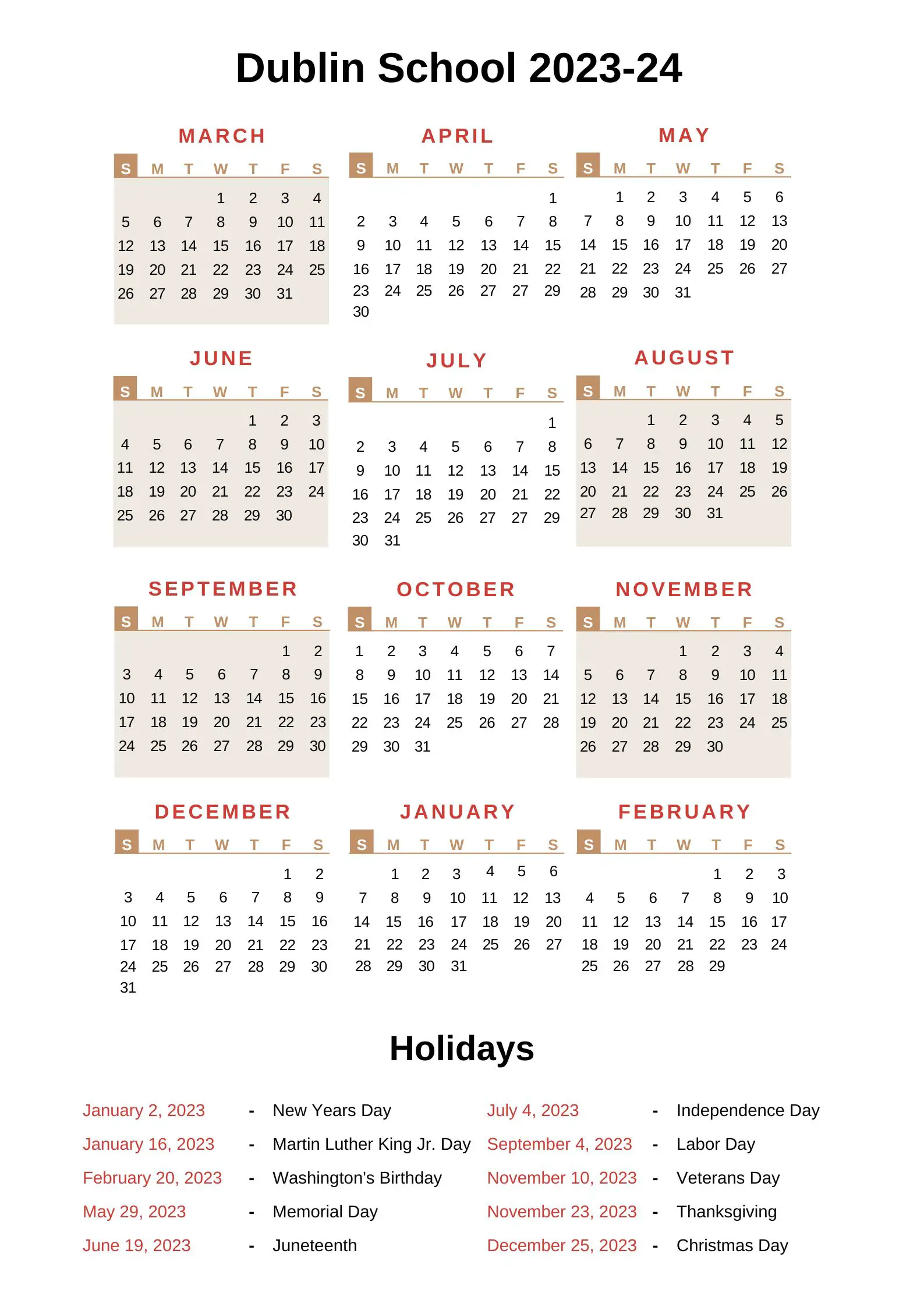 Dublin City Schools Calendar 202324 With Holidays