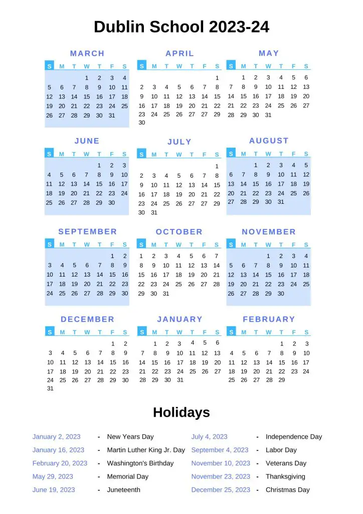 Dublin City Schools Calendar 202324 With Holidays