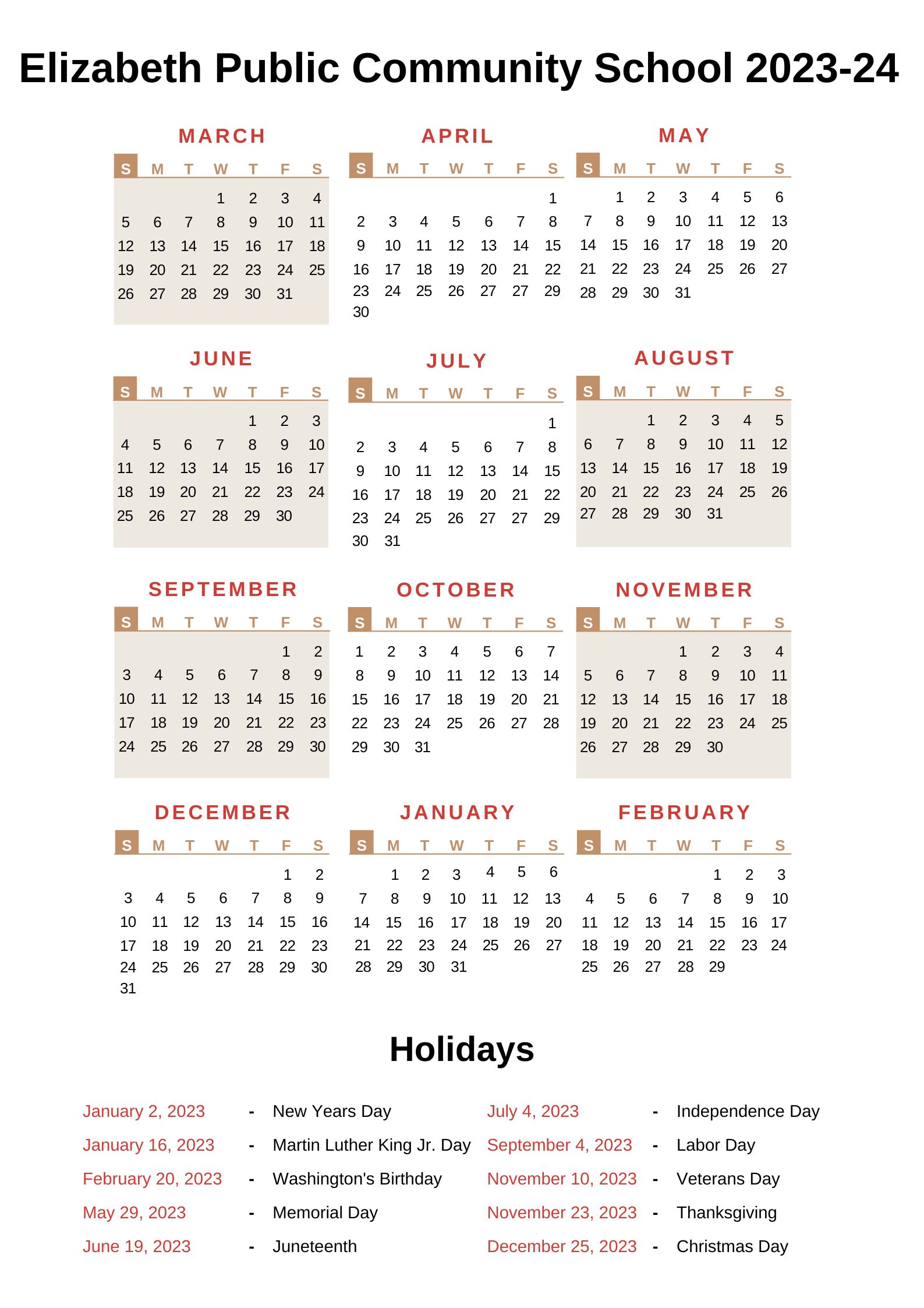 Elizabeth Public Schools Calendar 202324 [EPS] with Holidays