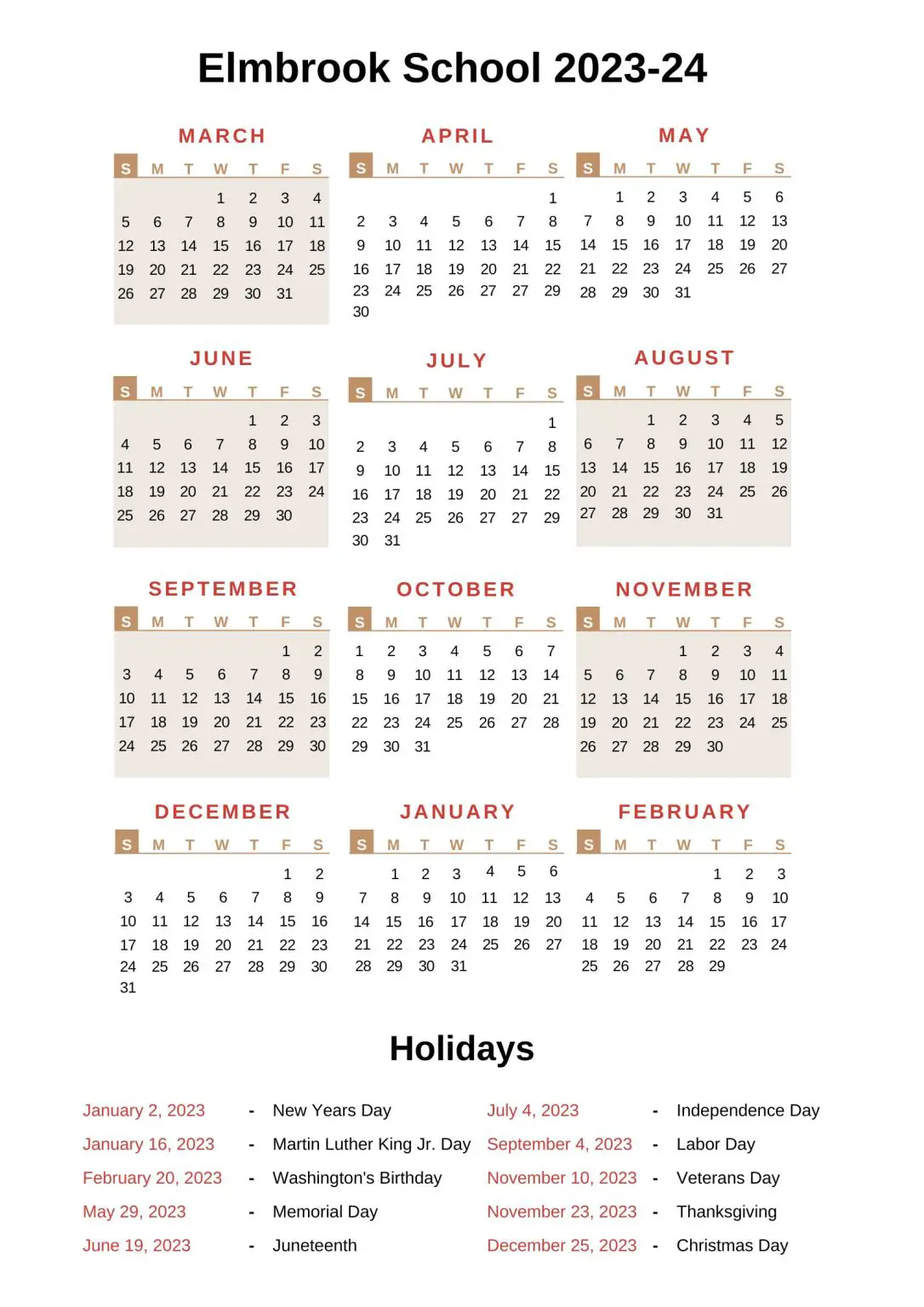 Elmbrook Schools Calendar [ESD] 202324 with Holidays
