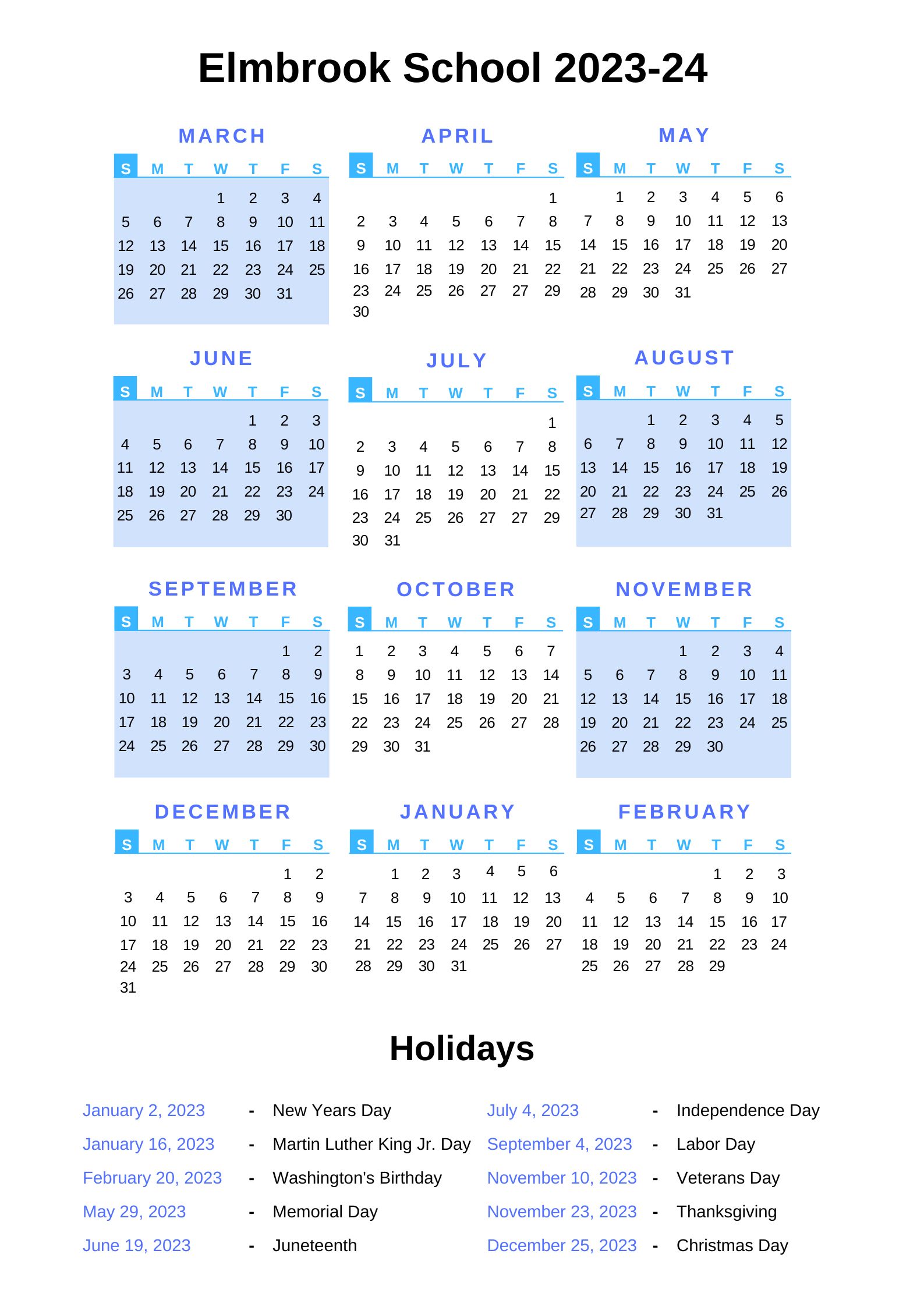 Elmbrook Schools Calendar [ESD] 202324 with Holidays