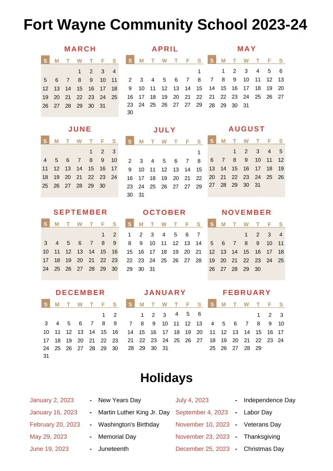 Fort Wayne Community Schools Calendar 202324 With Holidays