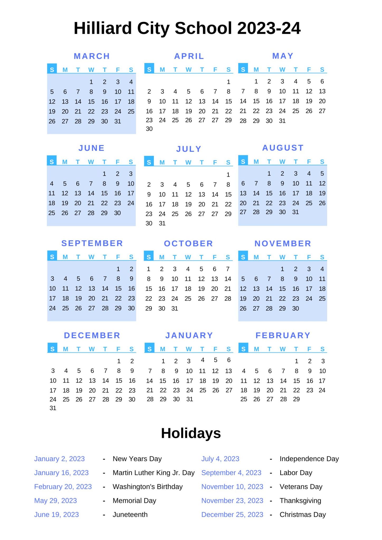 Hilliard City Schools Calendar 202324 With Holidays