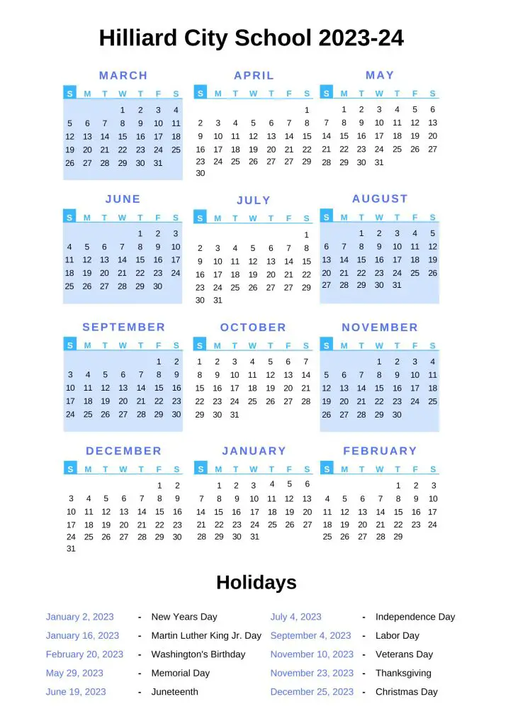 Hilliard City Schools Calendar