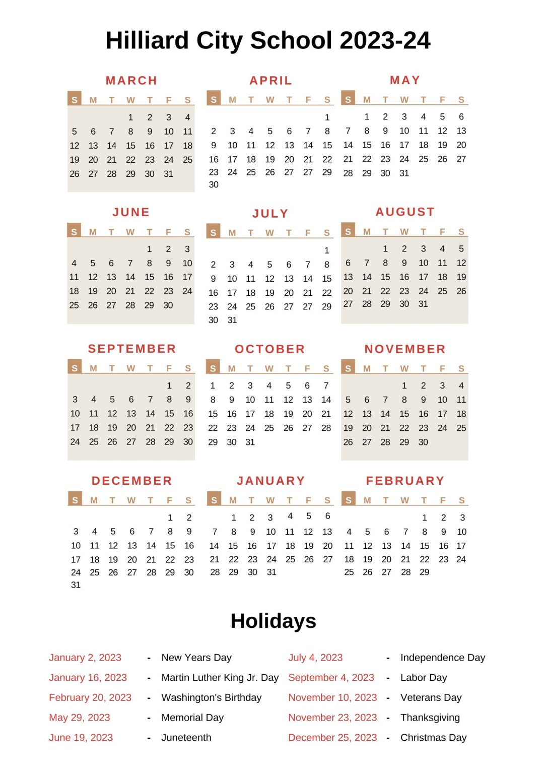 Hilliard City Schools Calendar 202324 With Holidays