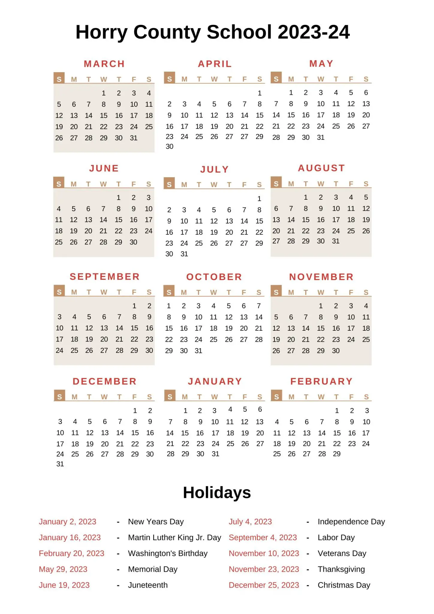 Horry County Schools Calendar 202324 with Holidays